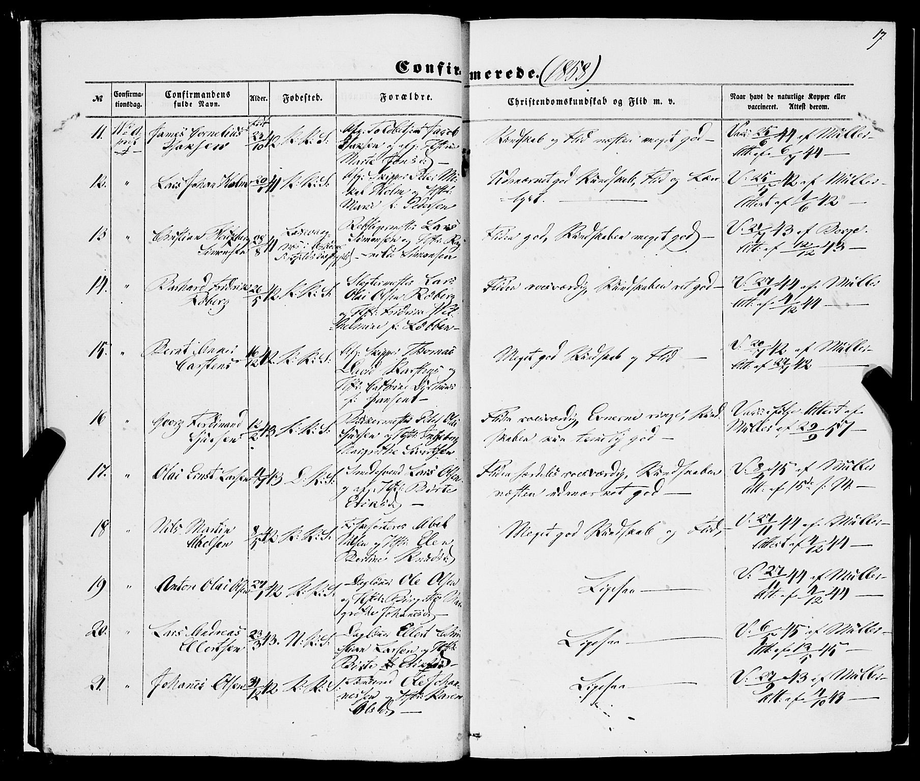 Korskirken sokneprestembete, AV/SAB-A-76101/H/Haa/L0069: Curate's parish register no. A 4, 1856-1869, p. 17