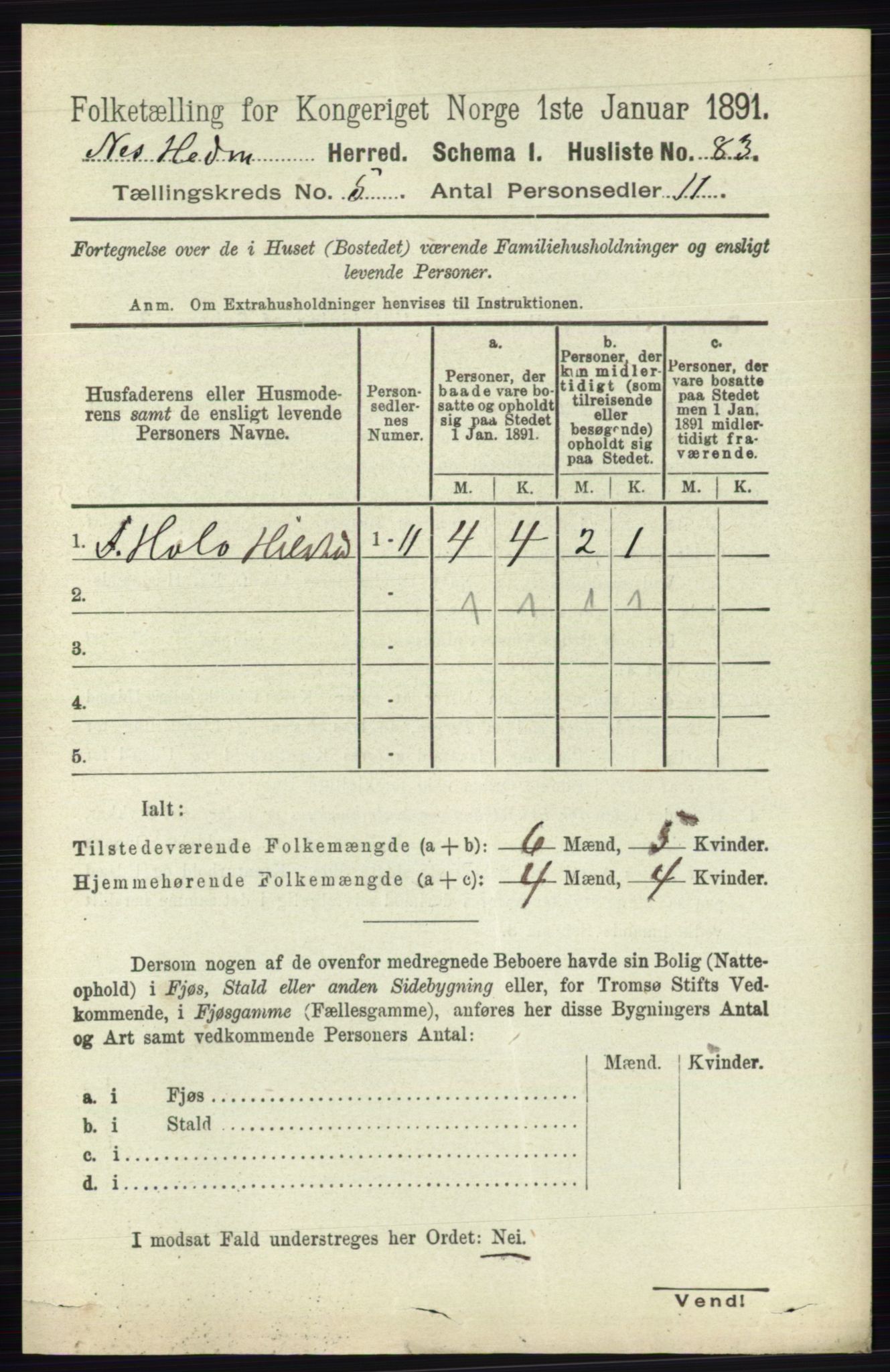 RA, 1891 census for 0411 Nes, 1891, p. 2603