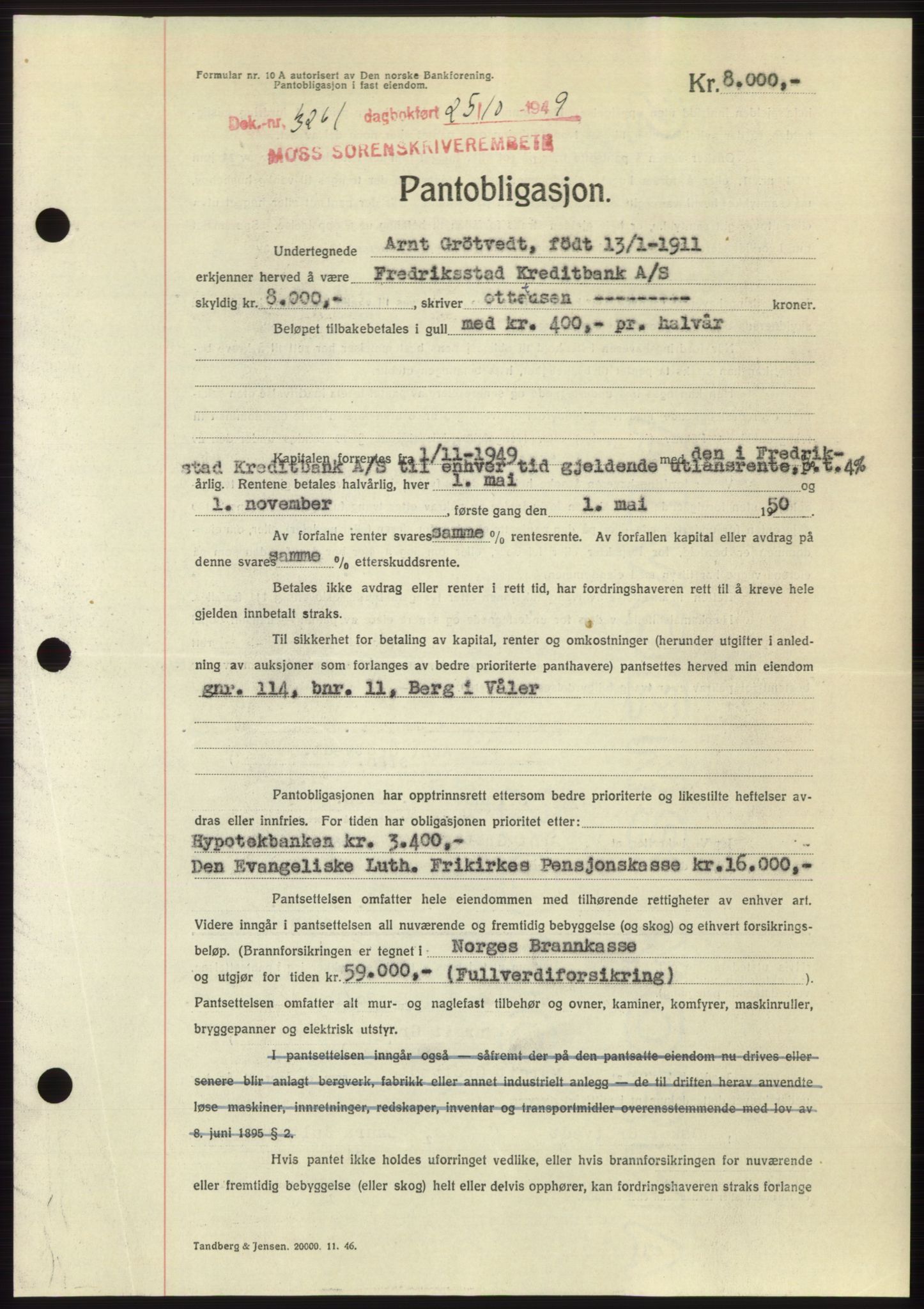 Moss sorenskriveri, SAO/A-10168: Mortgage book no. B23, 1949-1950, Diary no: : 3261/1949