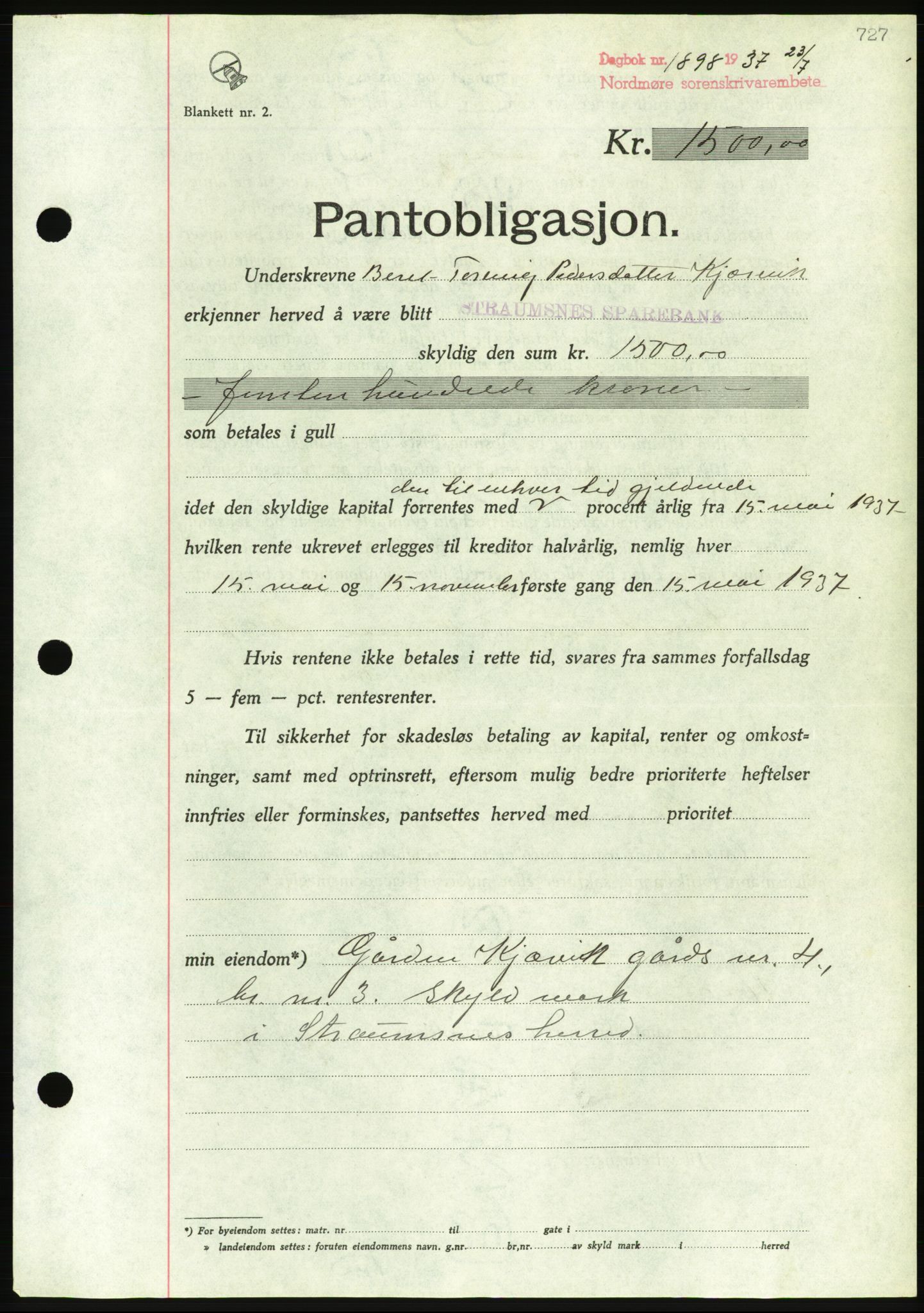 Nordmøre sorenskriveri, AV/SAT-A-4132/1/2/2Ca/L0091: Mortgage book no. B81, 1937-1937, Diary no: : 1898/1937