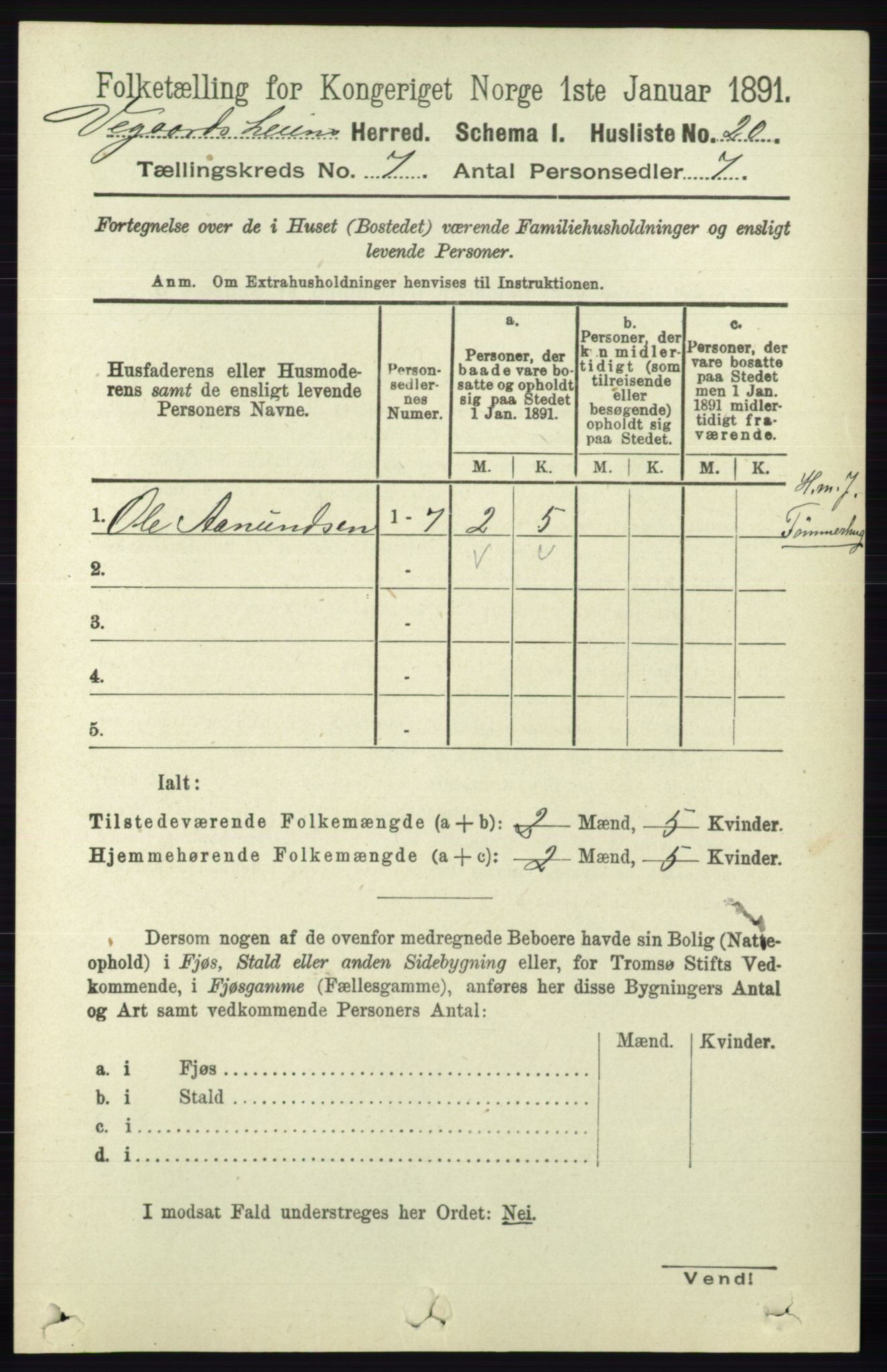 RA, 1891 census for 0912 Vegårshei, 1891, p. 1330