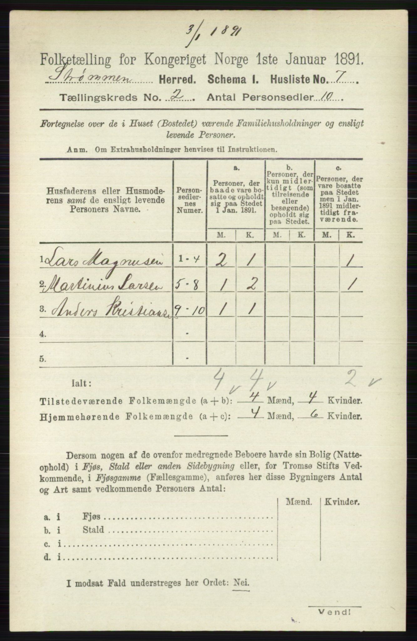 RA, 1891 census for 0711 Strømm, 1891, p. 653