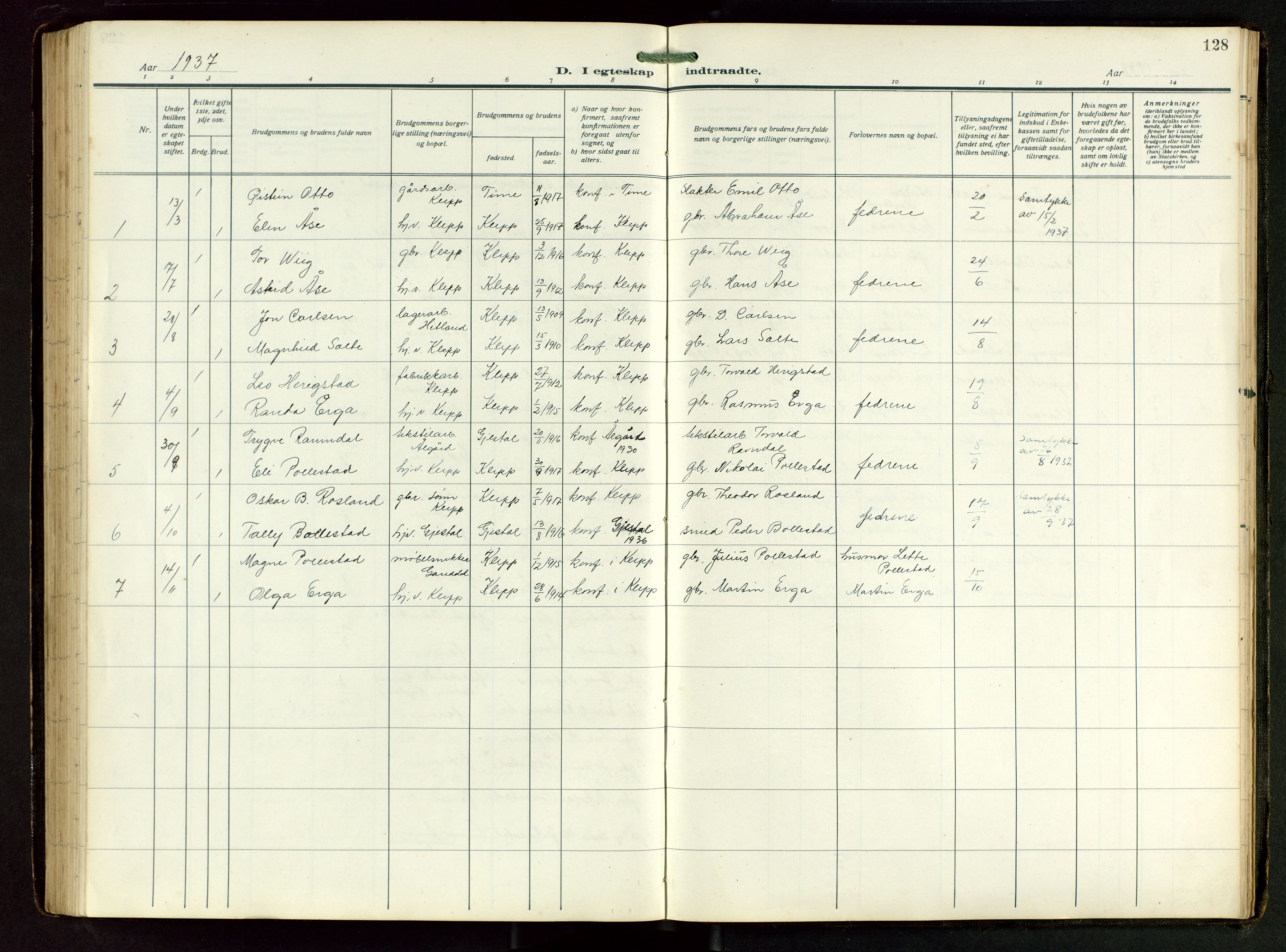 Klepp sokneprestkontor, SAST/A-101803/001/3/30BB/L0008: Parish register (copy) no. B 8, 1918-1949, p. 128