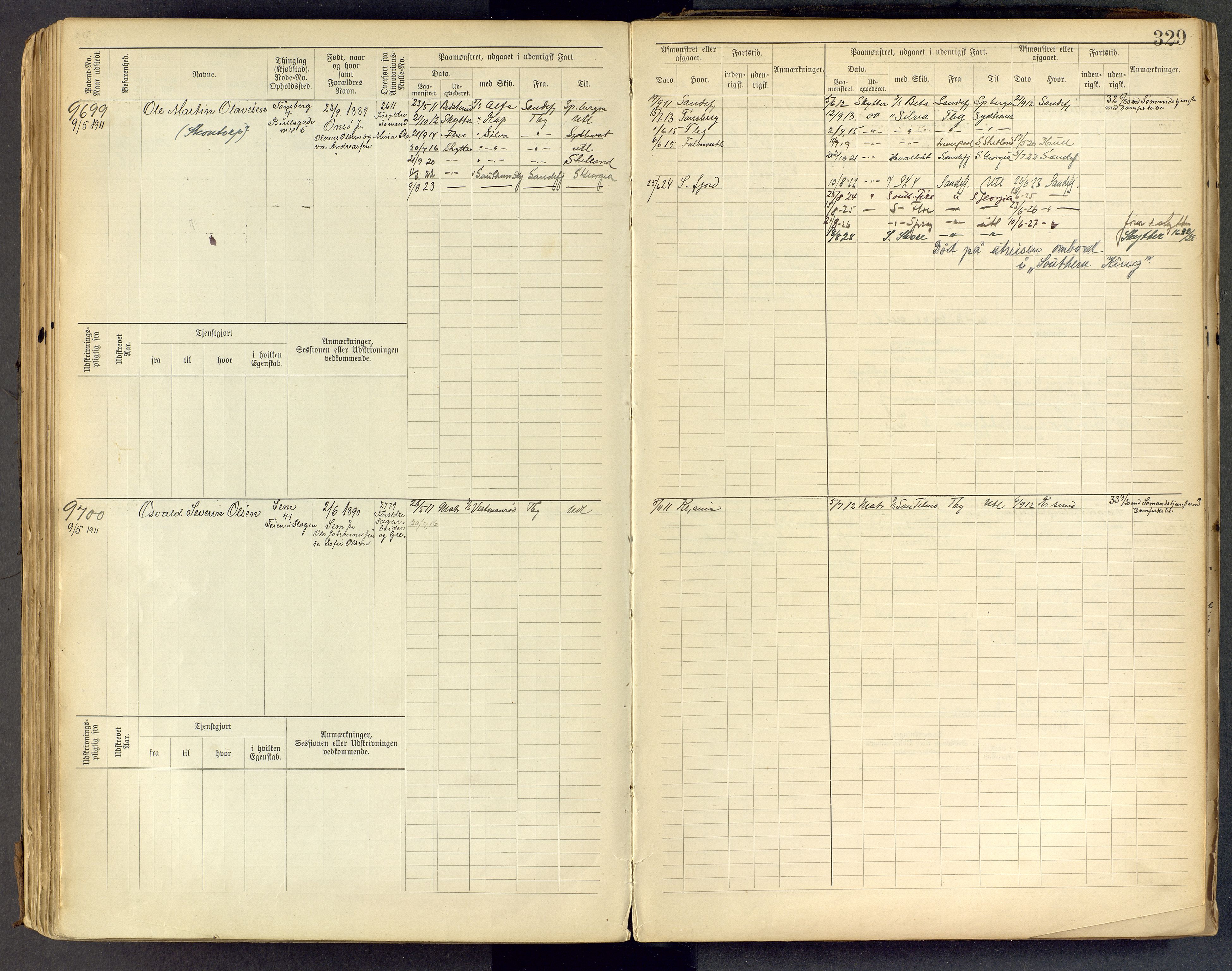 Tønsberg innrulleringskontor, AV/SAKO-A-786/F/Fc/Fcb/L0009: Hovedrulle Patent nr. 9043-9992, 1900-1921, p. 329