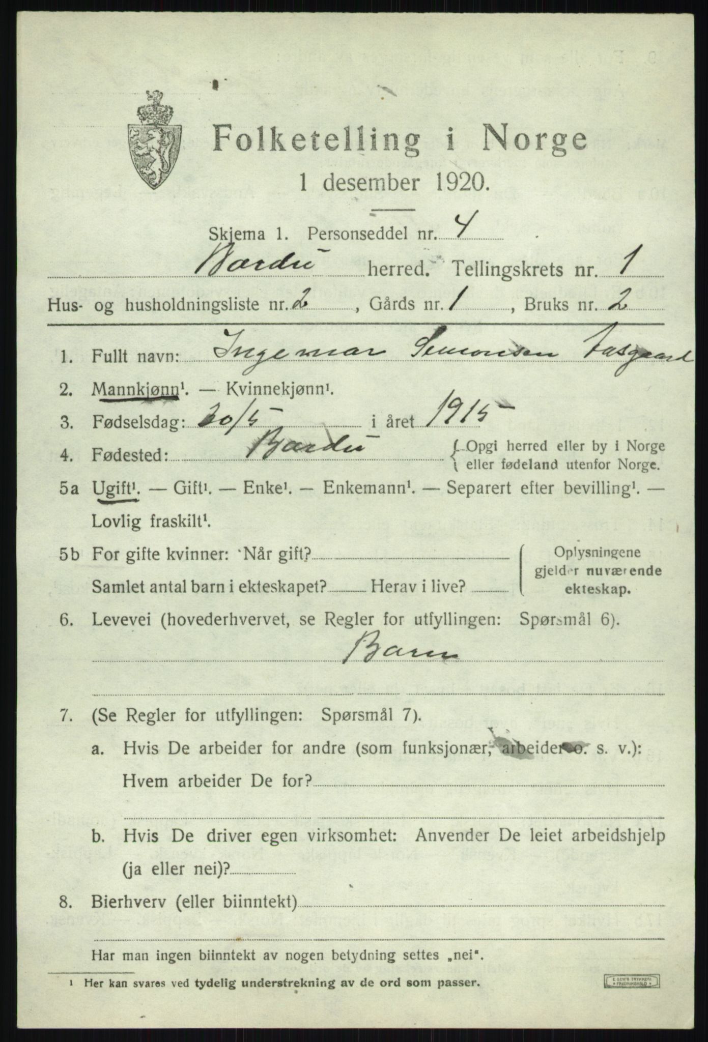 SATØ, 1920 census for Bardu, 1920, p. 645