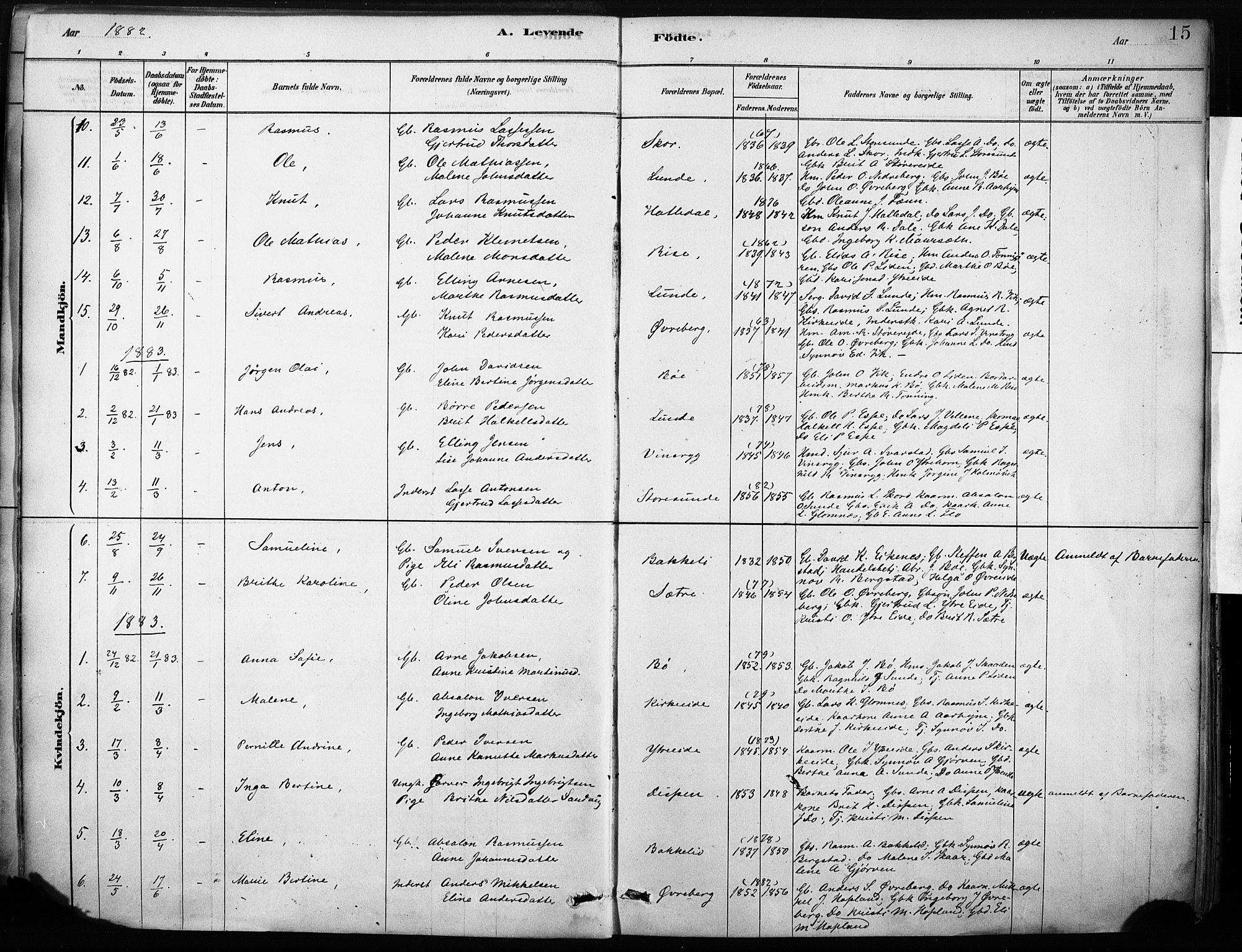 Stryn Sokneprestembete, AV/SAB-A-82501: Parish register (official) no. B 1, 1878-1907, p. 15