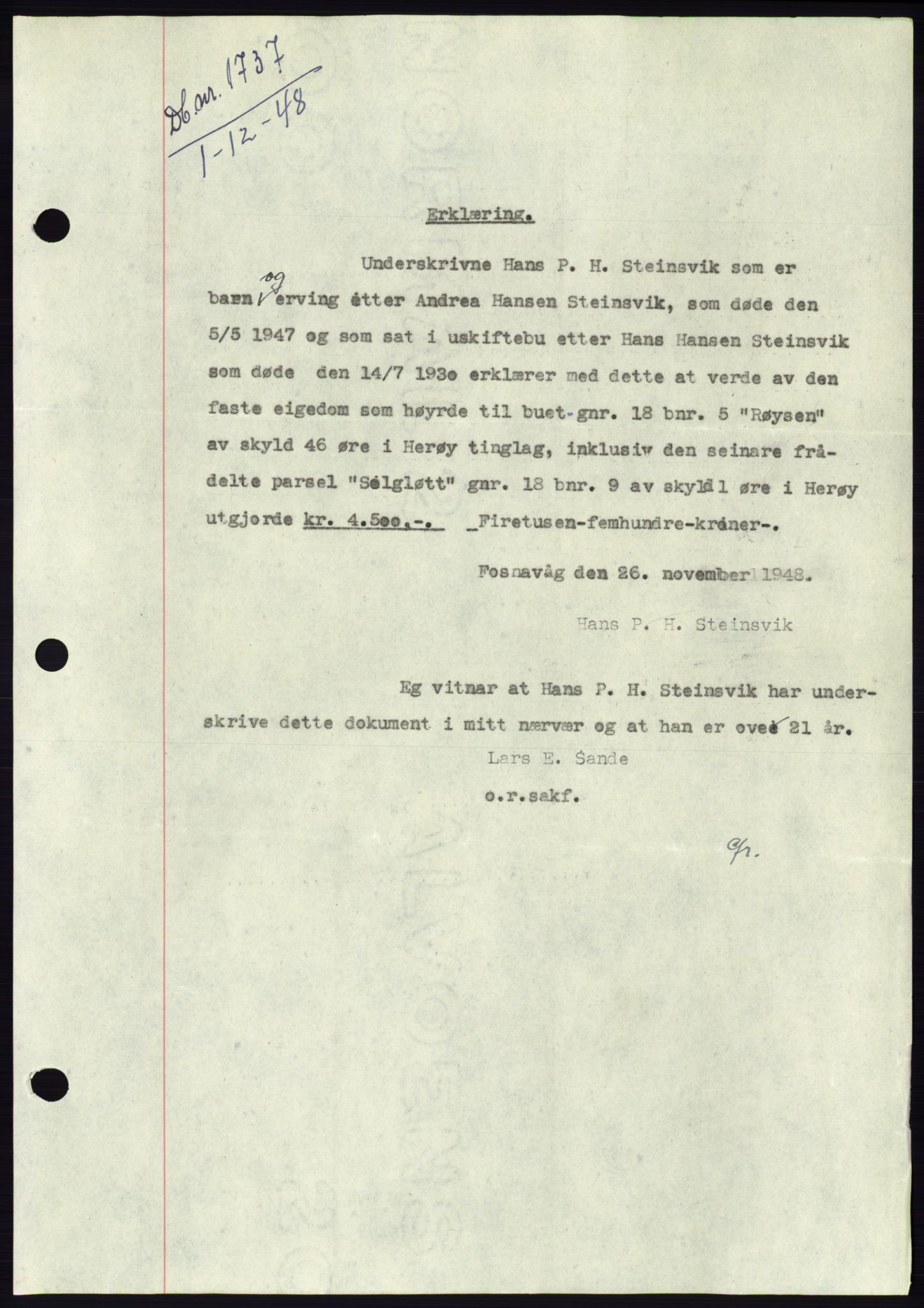 Søre Sunnmøre sorenskriveri, AV/SAT-A-4122/1/2/2C/L0083: Mortgage book no. 9A, 1948-1949, Diary no: : 1737/1948