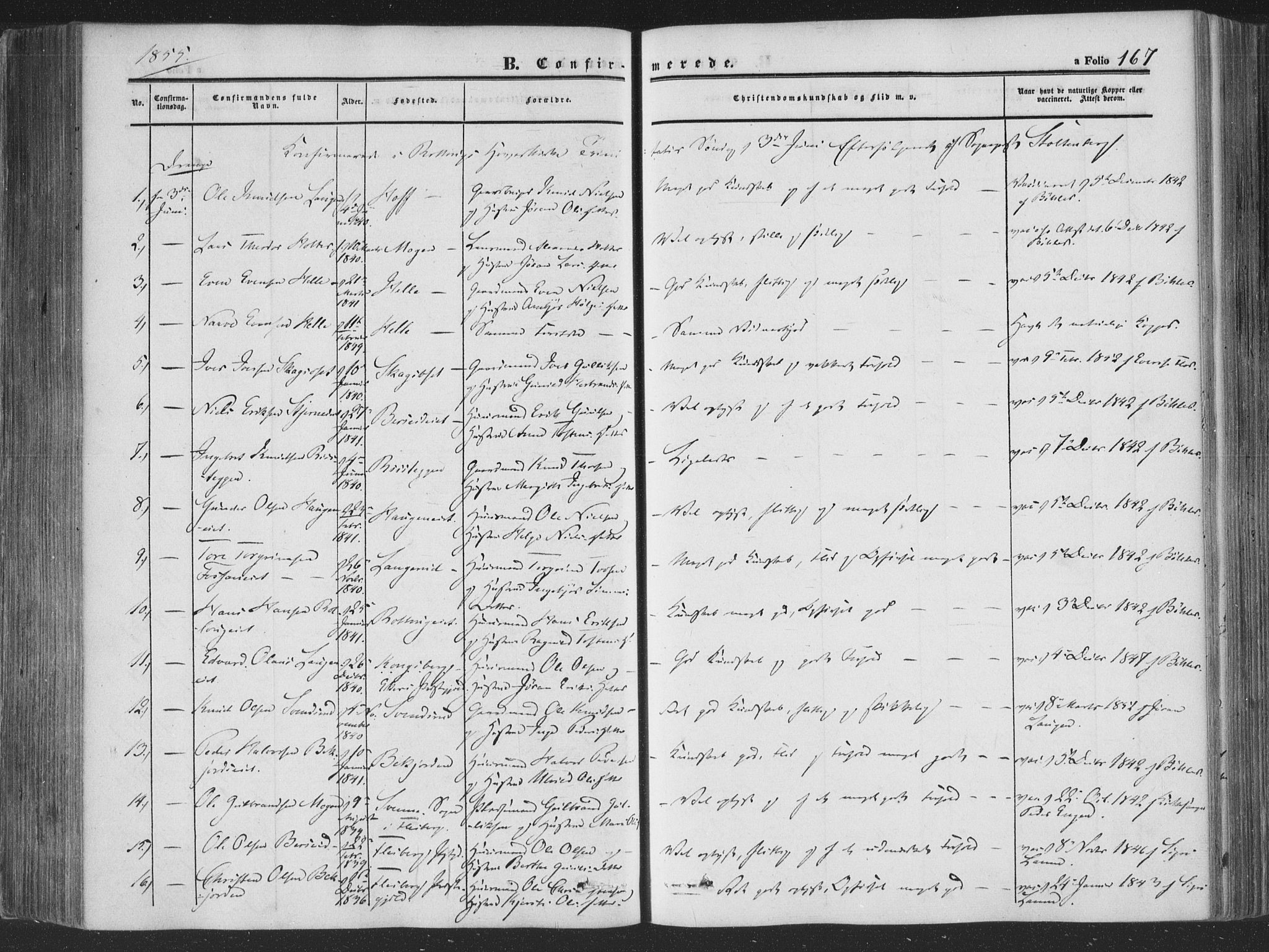 Rollag kirkebøker, SAKO/A-240/F/Fa/L0008: Parish register (official) no. I 8, 1847-1860, p. 167