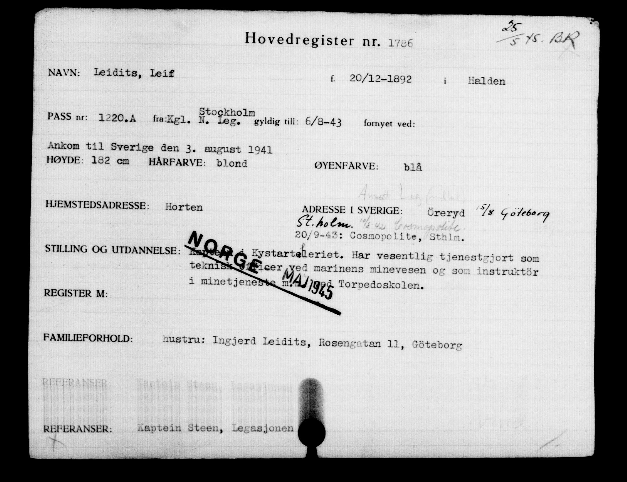 Den Kgl. Norske Legasjons Flyktningskontor, AV/RA-S-6753/V/Va/L0002: Kjesäterkartoteket.  Flyktningenr. 1001-2000, 1940-1945, p. 1123