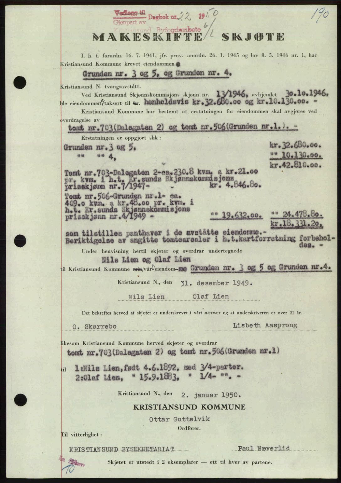 Kristiansund byfogd, AV/SAT-A-4587/A/27: Mortgage book no. 46, 1949-1950, Diary no: : 22/1950