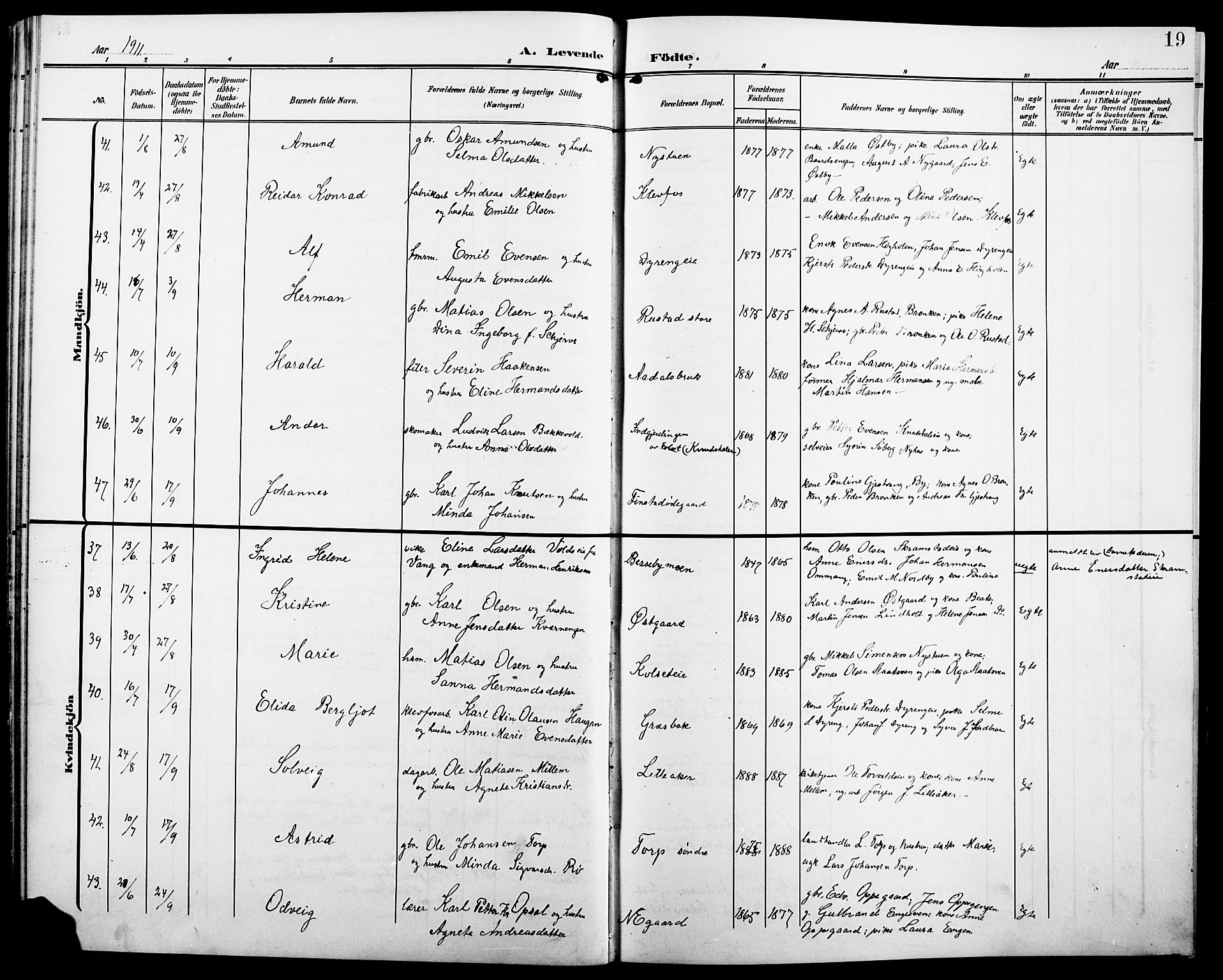 Løten prestekontor, AV/SAH-PREST-022/L/La/L0007: Parish register (copy) no. 7, 1910-1919, p. 19