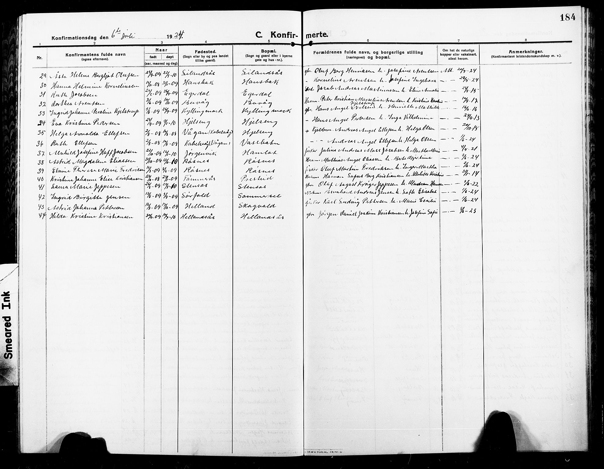 Ministerialprotokoller, klokkerbøker og fødselsregistre - Nordland, AV/SAT-A-1459/859/L0861: Parish register (copy) no. 859C07, 1910-1925, p. 184