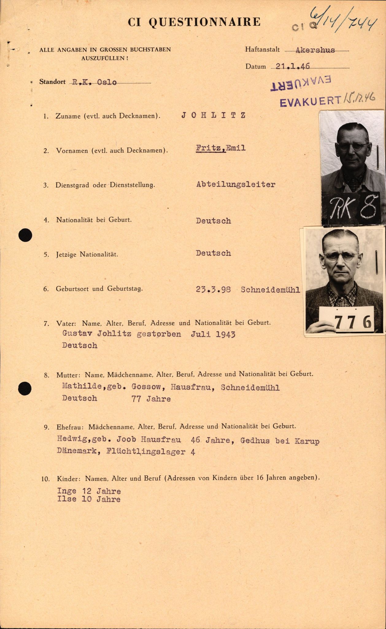 Forsvaret, Forsvarets overkommando II, AV/RA-RAFA-3915/D/Db/L0015: CI Questionaires. Tyske okkupasjonsstyrker i Norge. Tyskere., 1945-1946, p. 119