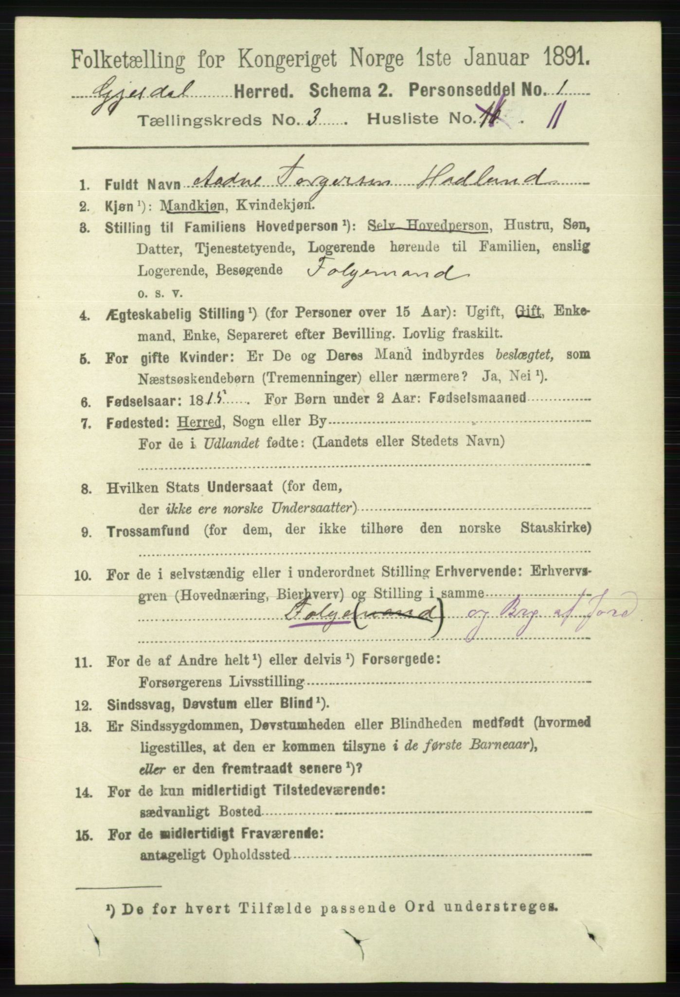 RA, 1891 census for 1122 Gjesdal, 1891, p. 816