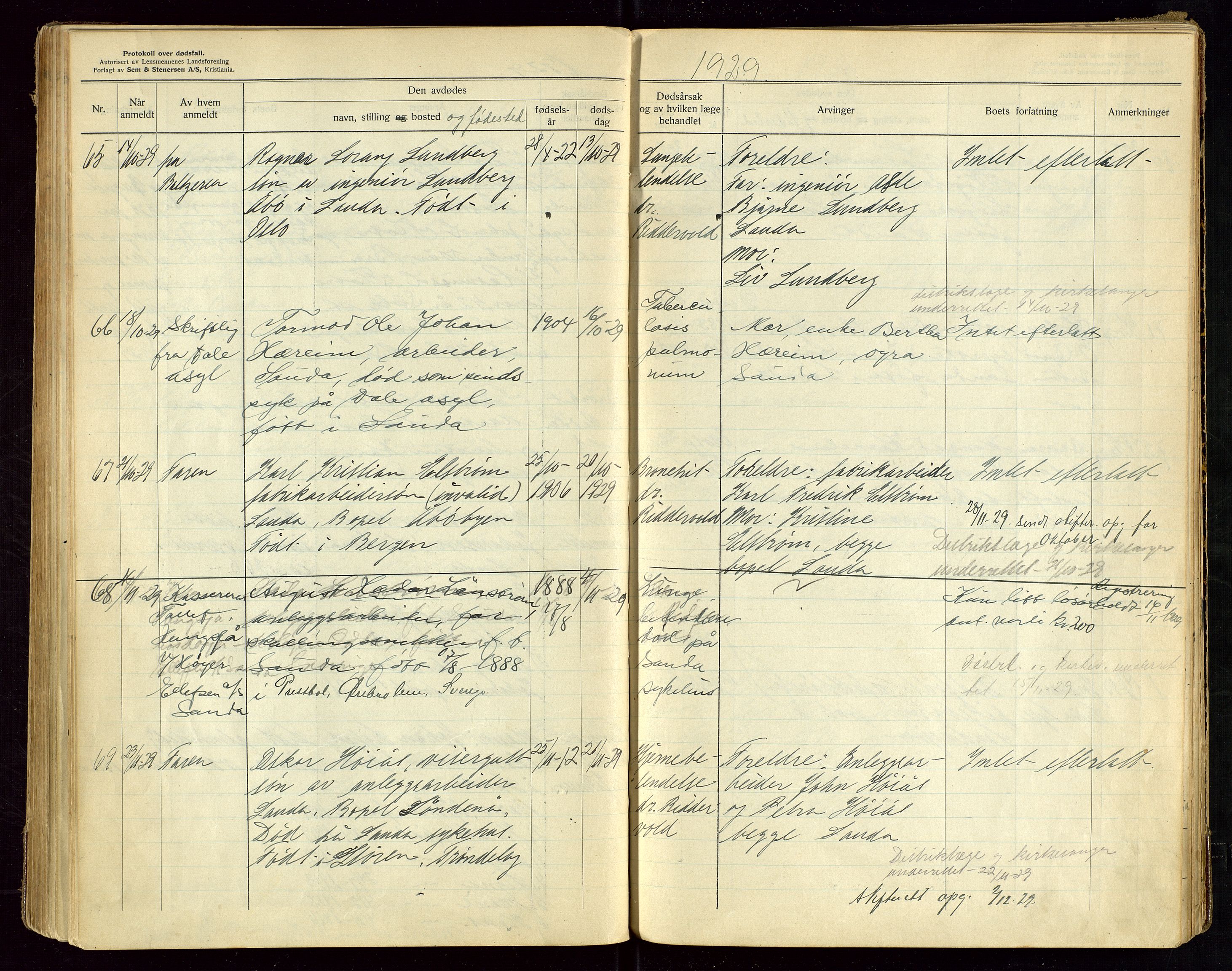 Sauda lensmannskontor, AV/SAST-A-100177/Gga/L0002: "Protokoll over anmeldte dødsfall i Sauda lensmannsdistrikt", 1924-1931