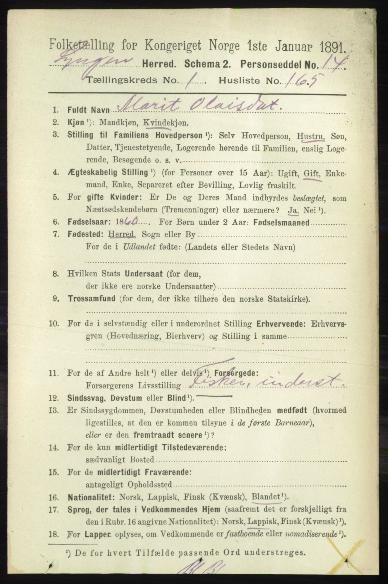 RA, 1891 census for 1938 Lyngen, 1891, p. 1376