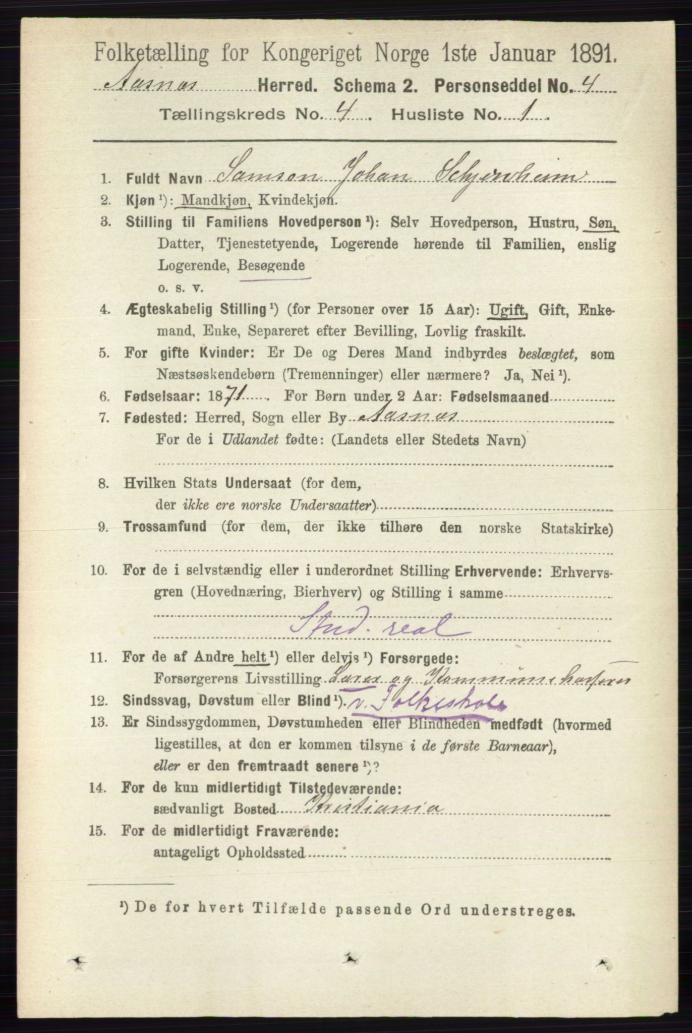 RA, 1891 census for 0425 Åsnes, 1891, p. 1674