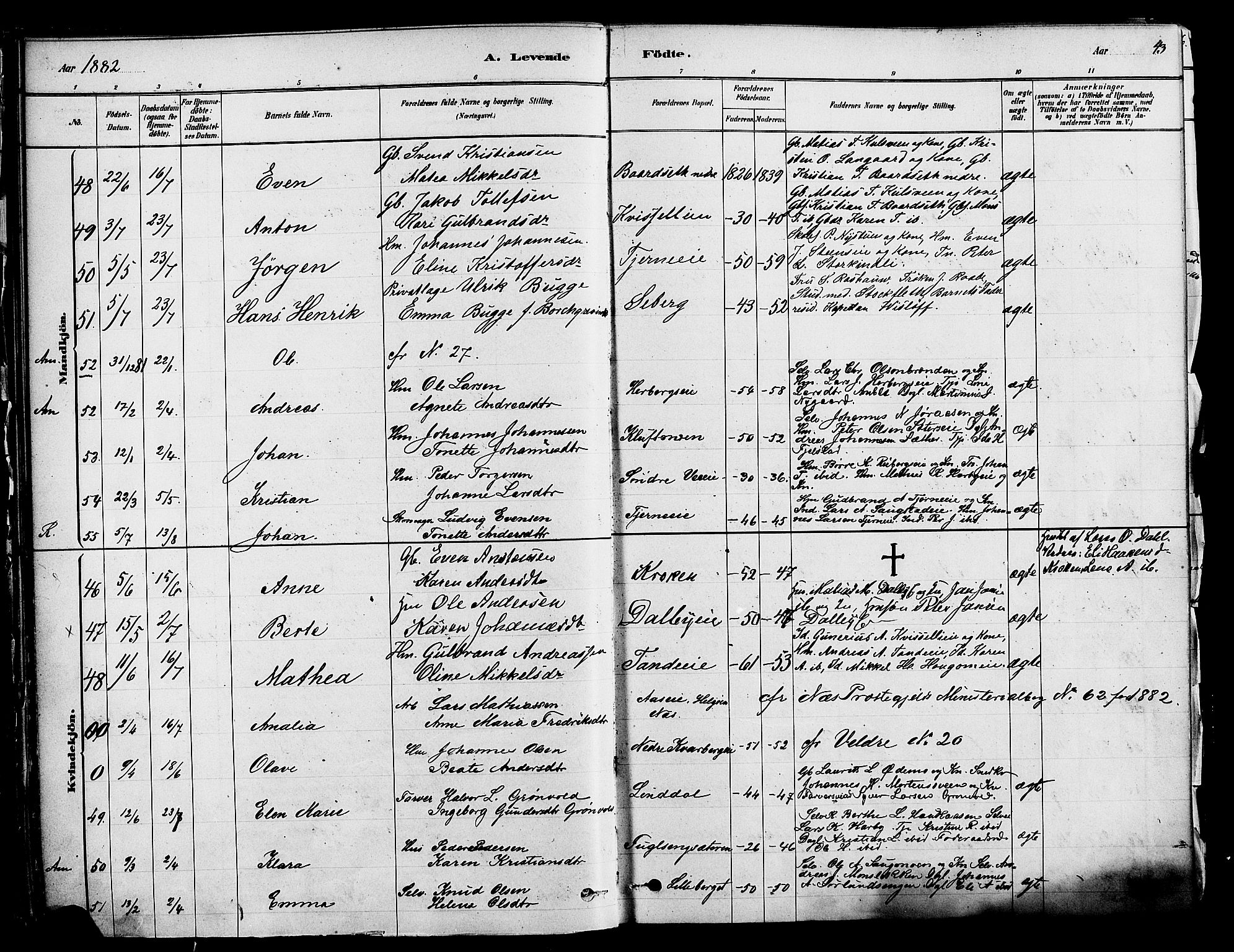 Ringsaker prestekontor, AV/SAH-PREST-014/K/Ka/L0012: Parish register (official) no. 12, 1879-1890, p. 43