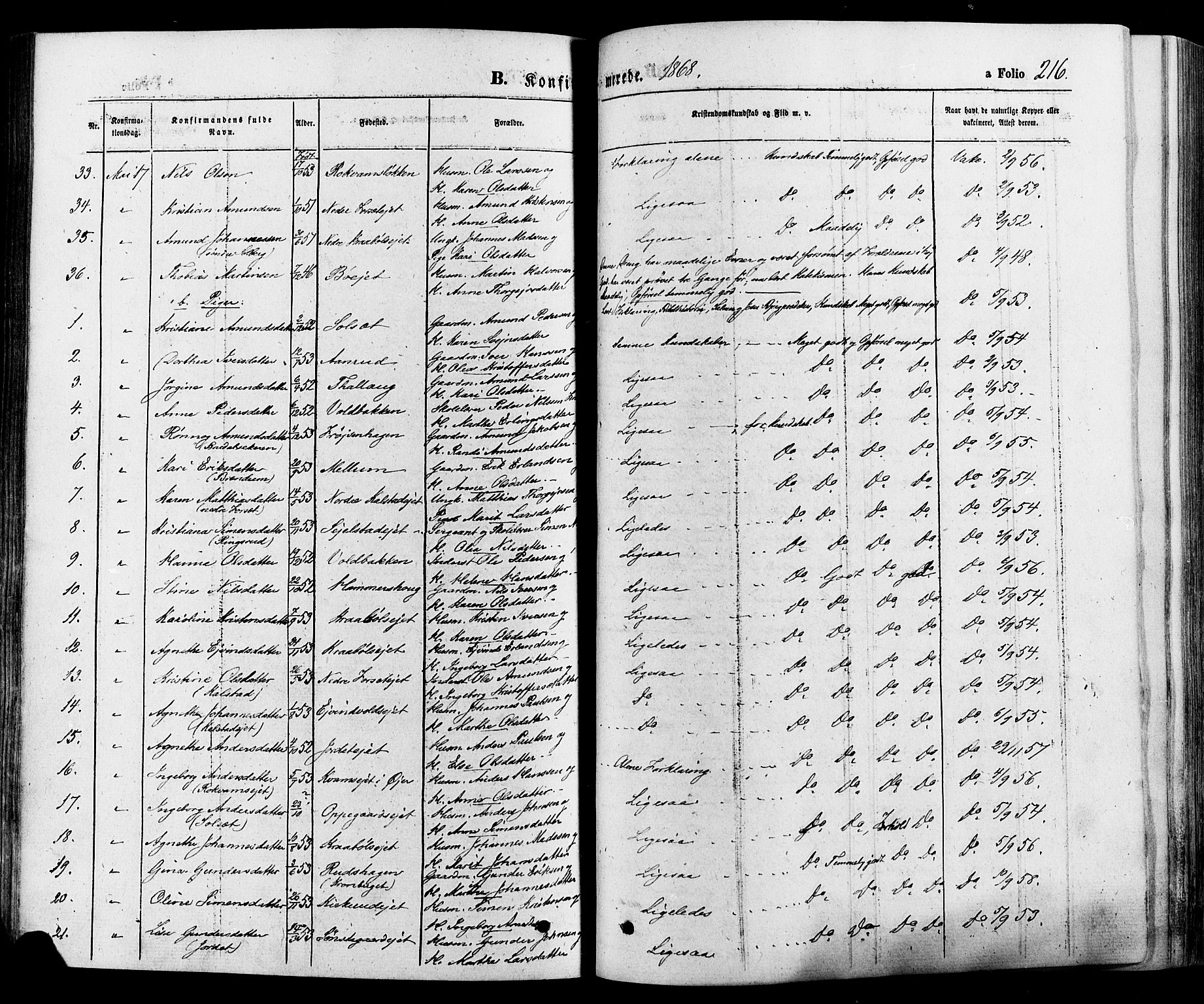 Gausdal prestekontor, AV/SAH-PREST-090/H/Ha/Haa/L0010: Parish register (official) no. 10, 1867-1886, p. 216