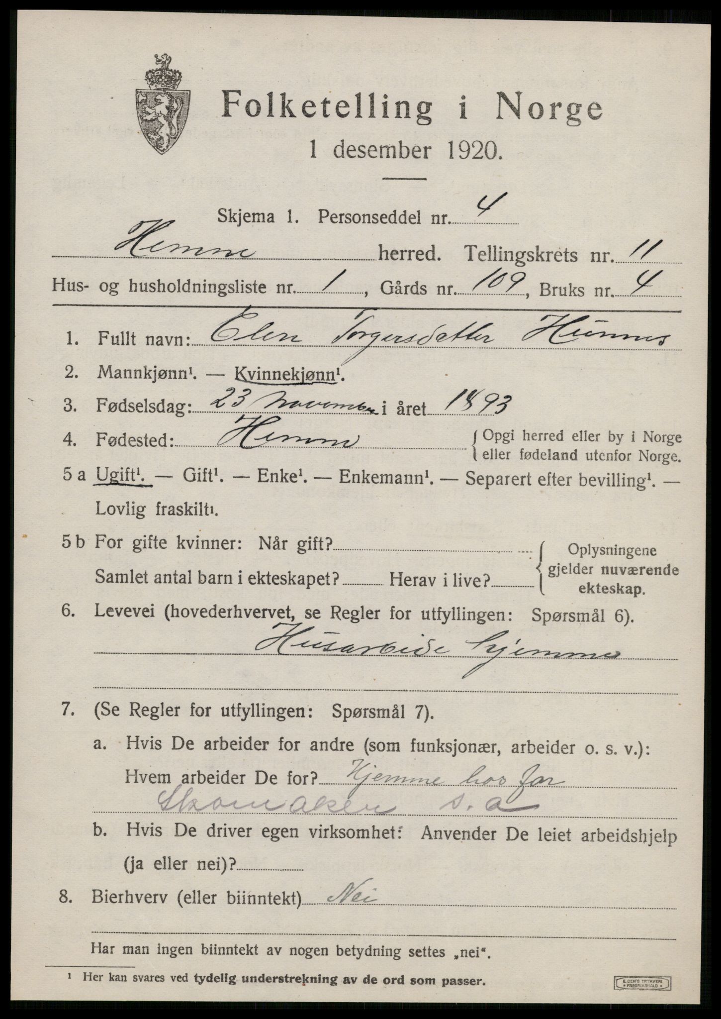 SAT, 1920 census for Hemne, 1920, p. 6512