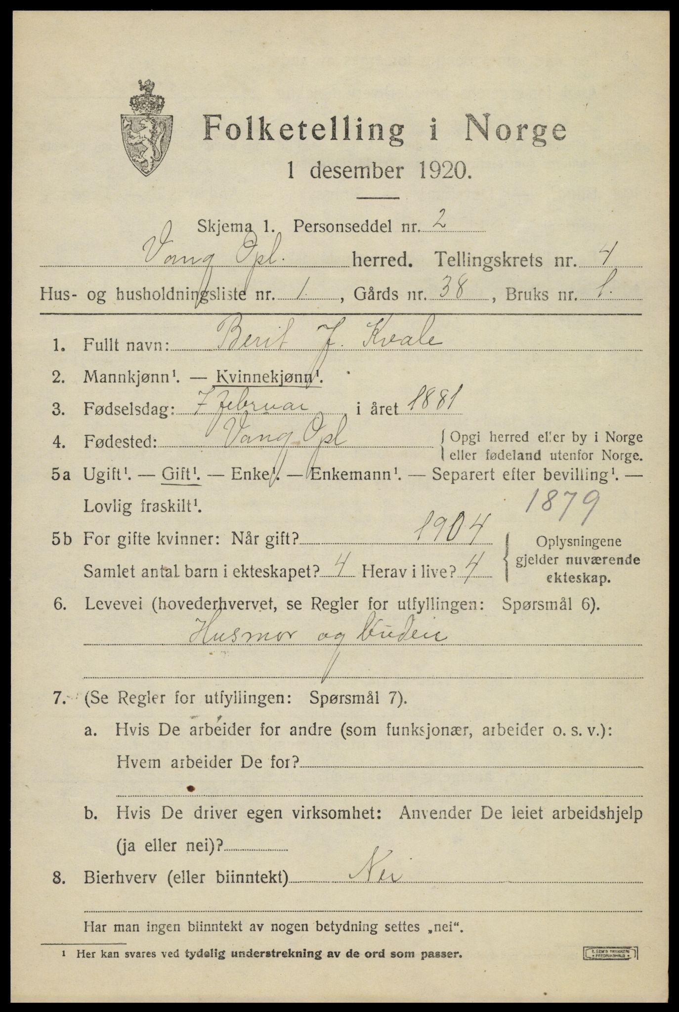 SAH, 1920 census for Vang (Oppland), 1920, p. 1879