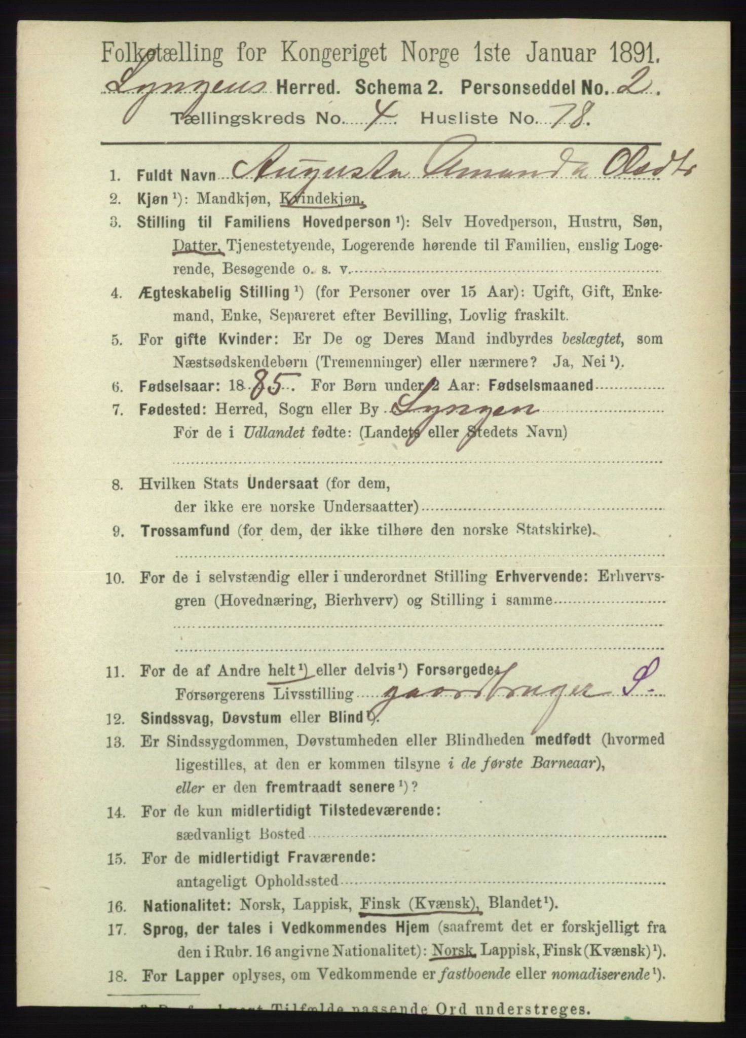 RA, 1891 census for 1938 Lyngen, 1891, p. 4311