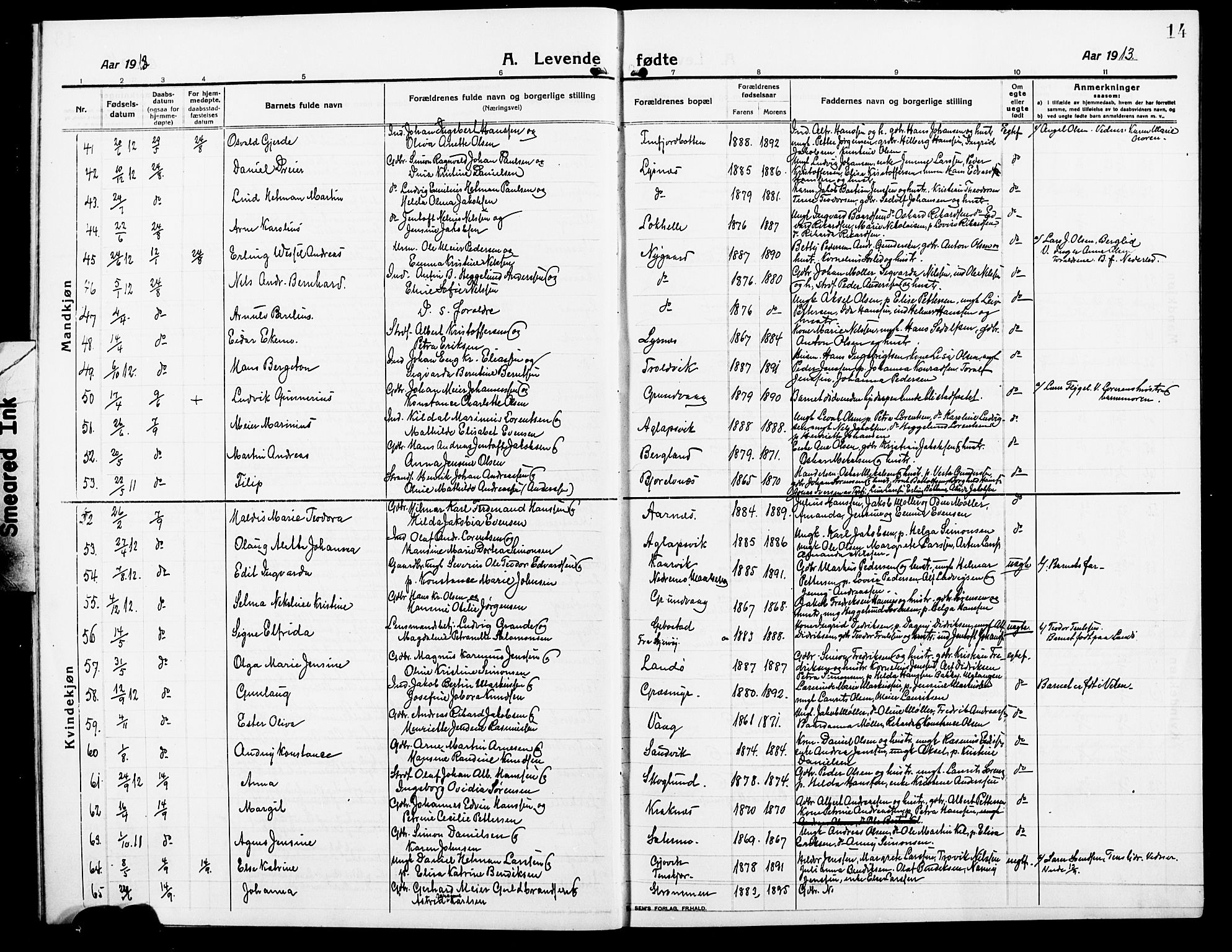 Lenvik sokneprestembete, AV/SATØ-S-1310/H/Ha/Hab/L0009klokker: Parish register (copy) no. 9, 1912-1926, p. 14