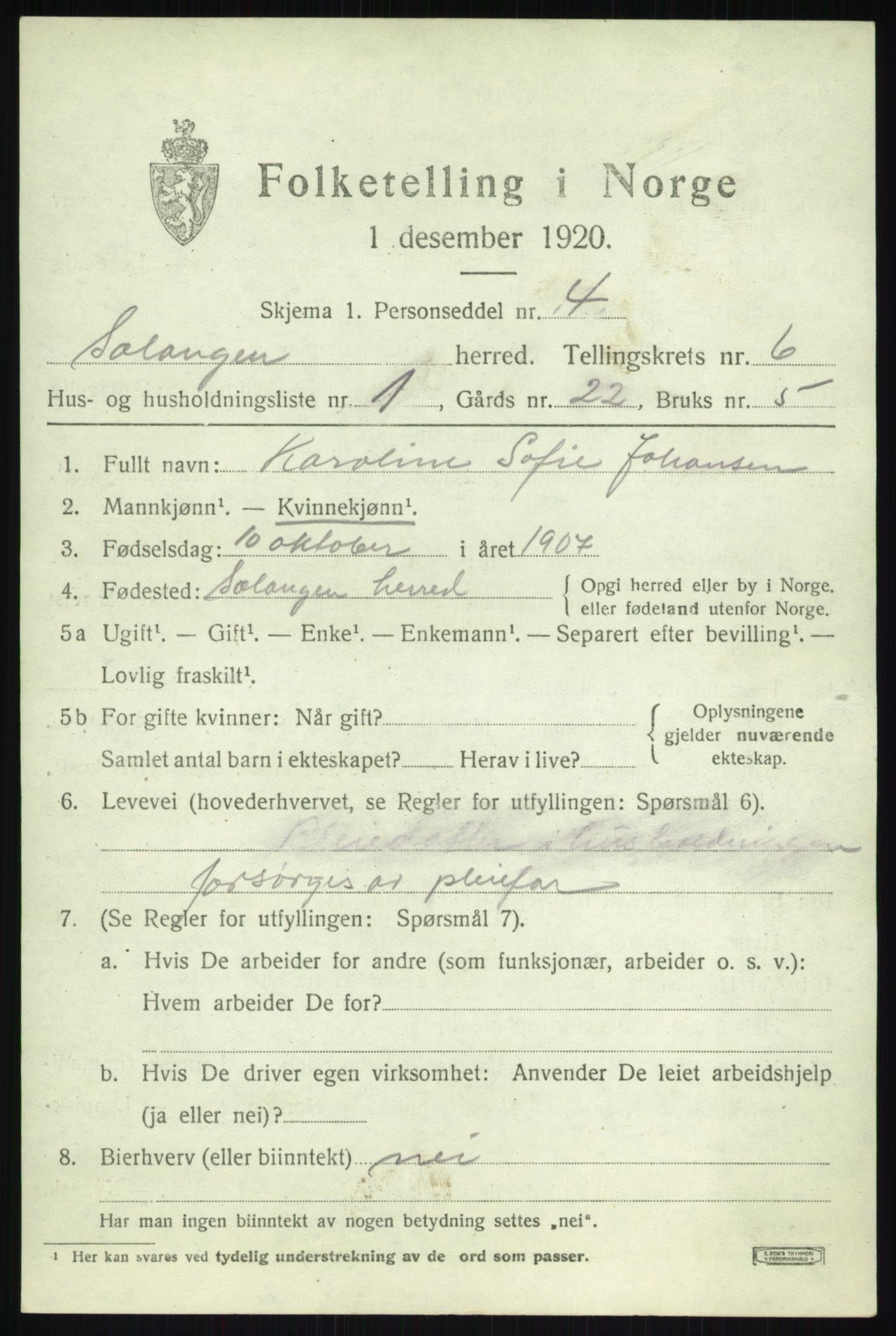 SATØ, 1920 census for Salangen, 1920, p. 4270