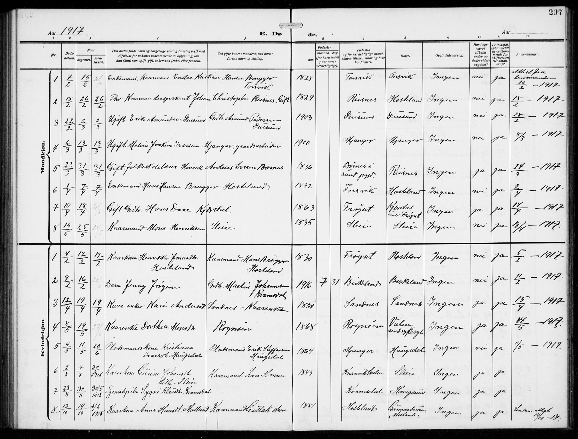 Masfjorden Sokneprestembete, SAB/A-77001: Parish register (copy) no. B  2, 1912-1939, p. 207