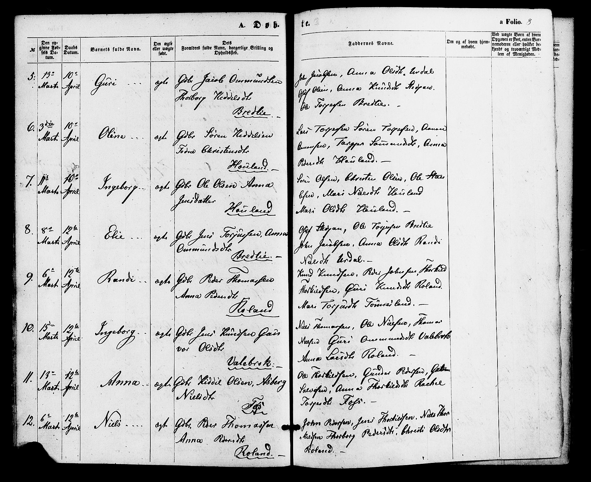 Bjelland sokneprestkontor, AV/SAK-1111-0005/F/Fa/Faa/L0003: Parish register (official) no. A 3, 1867-1887, p. 8