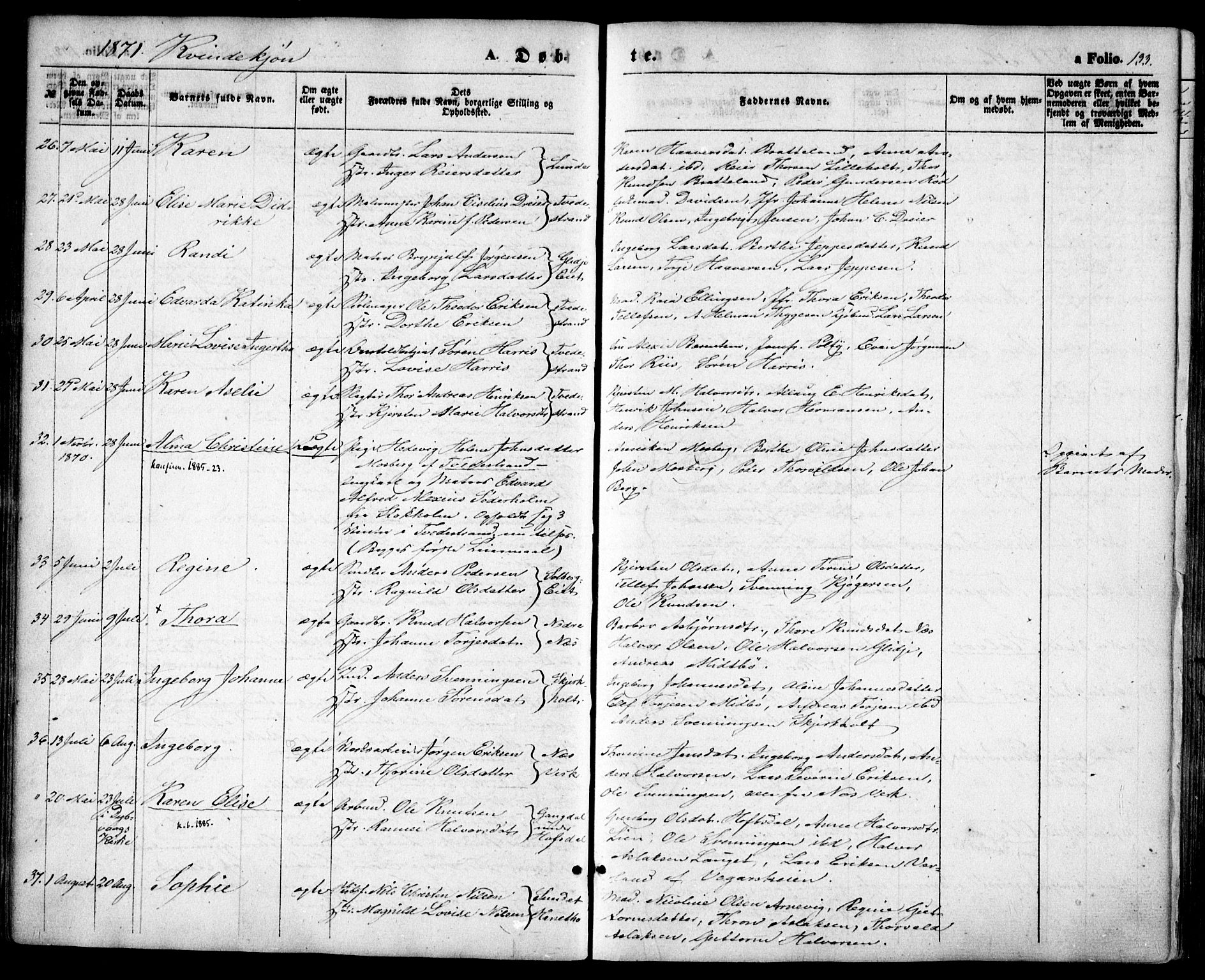 Holt sokneprestkontor, AV/SAK-1111-0021/F/Fa/L0009: Parish register (official) no. A 9, 1861-1871, p. 133