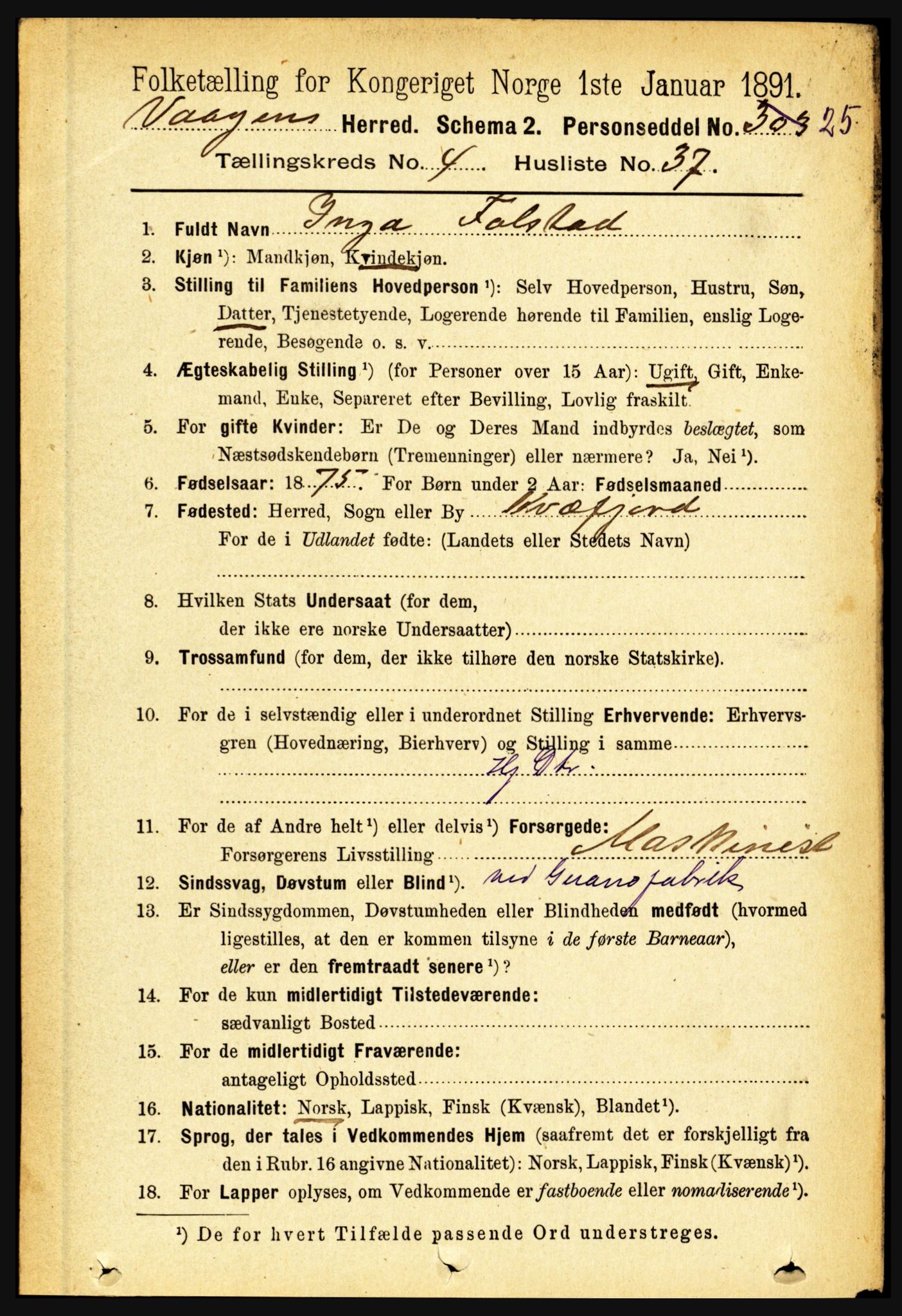 RA, 1891 census for 1865 Vågan, 1891, p. 1243