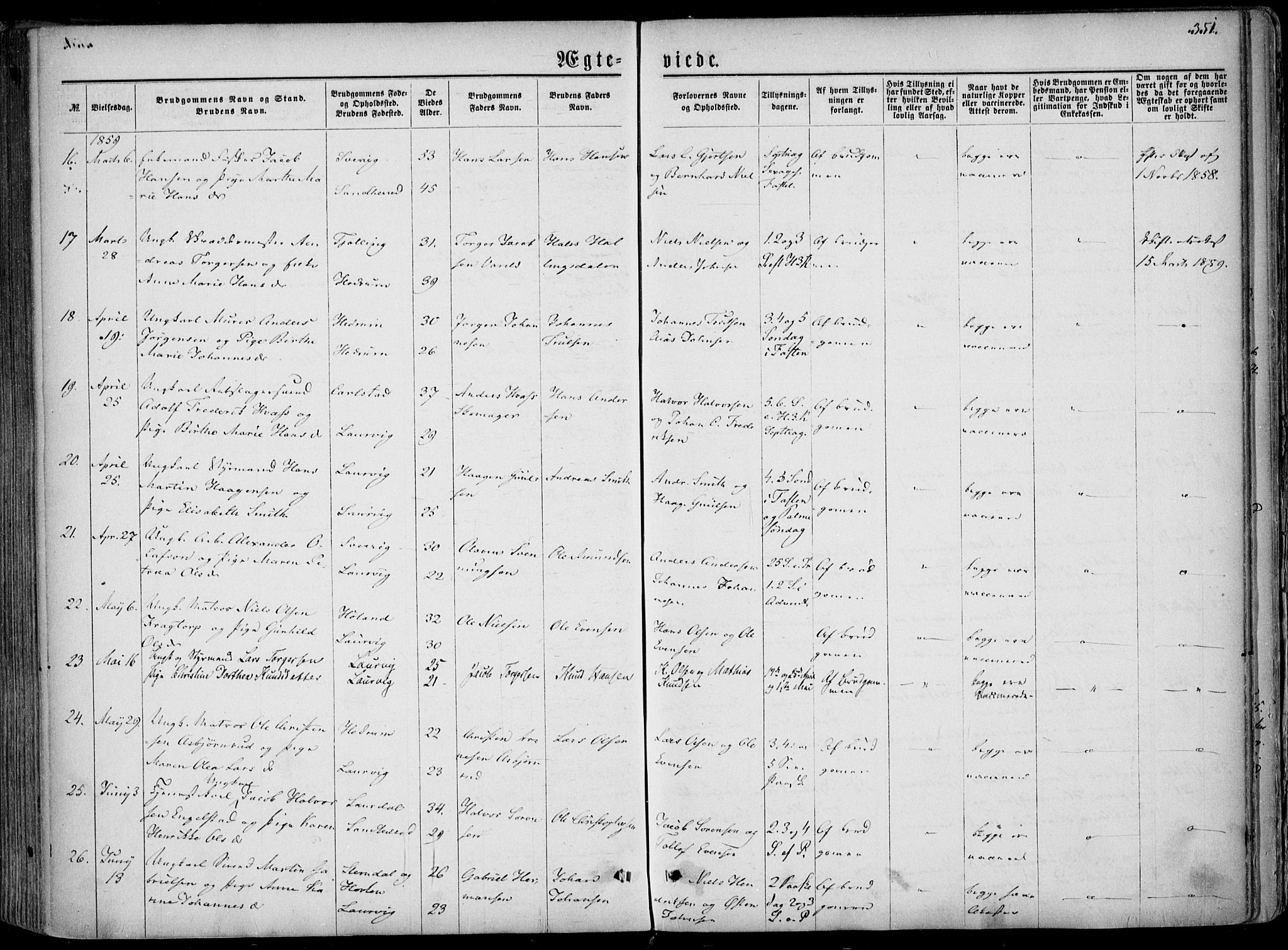 Larvik kirkebøker, AV/SAKO-A-352/F/Fa/L0004: Parish register (official) no. I 4, 1856-1870, p. 351