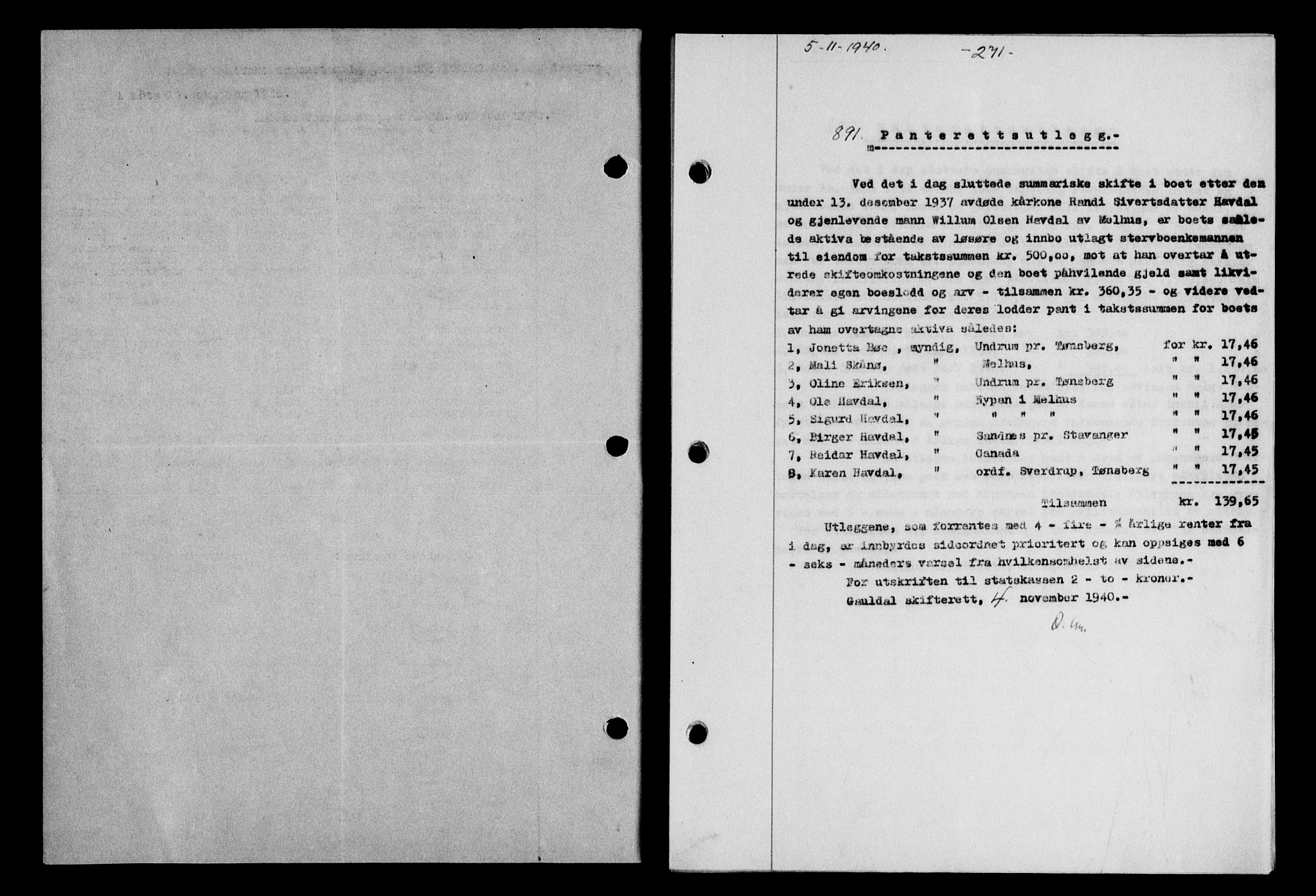 Gauldal sorenskriveri, SAT/A-0014/1/2/2C/L0052: Mortgage book no. 57, 1940-1941, Diary no: : 891/1940