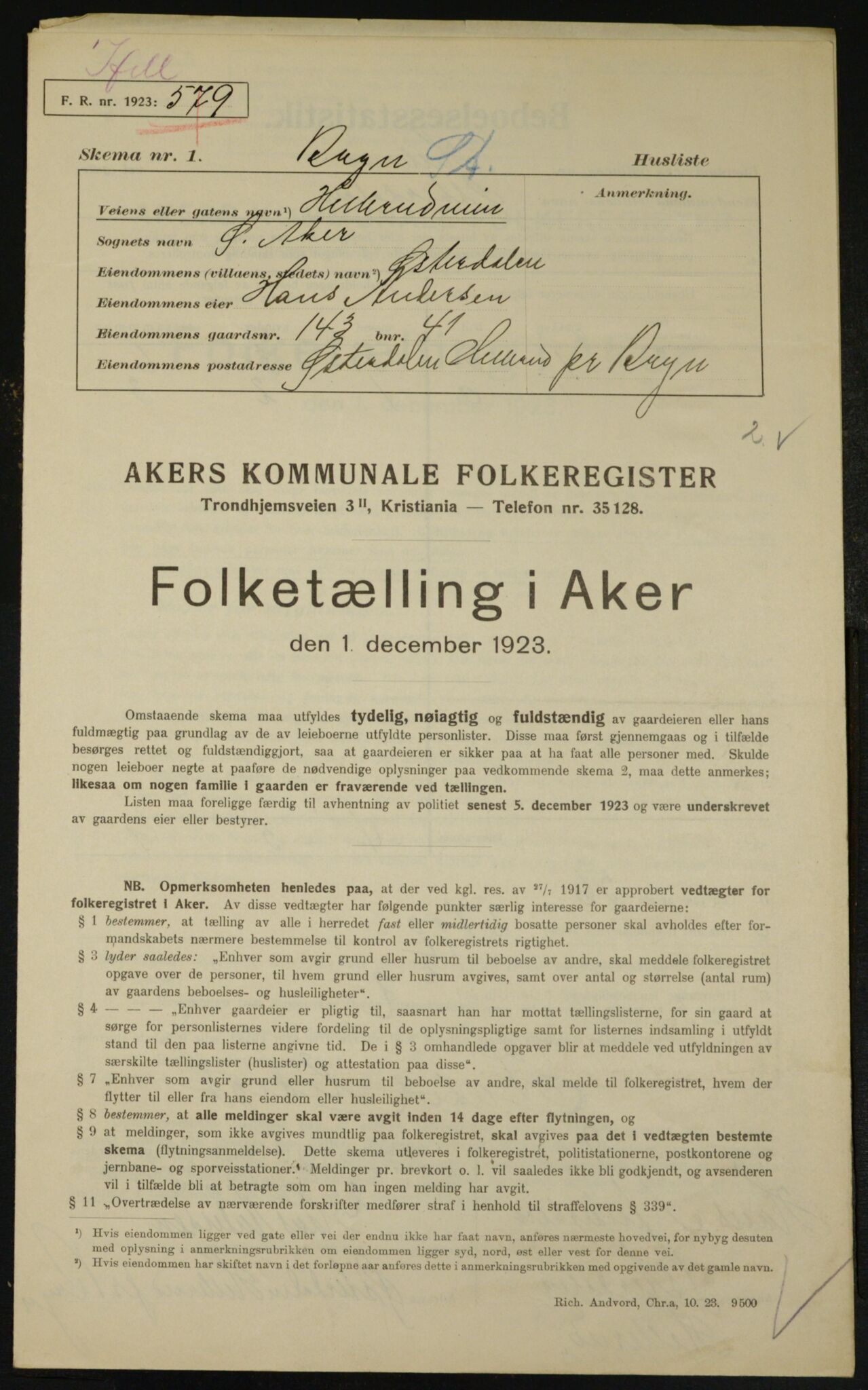 , Municipal Census 1923 for Aker, 1923, p. 26066