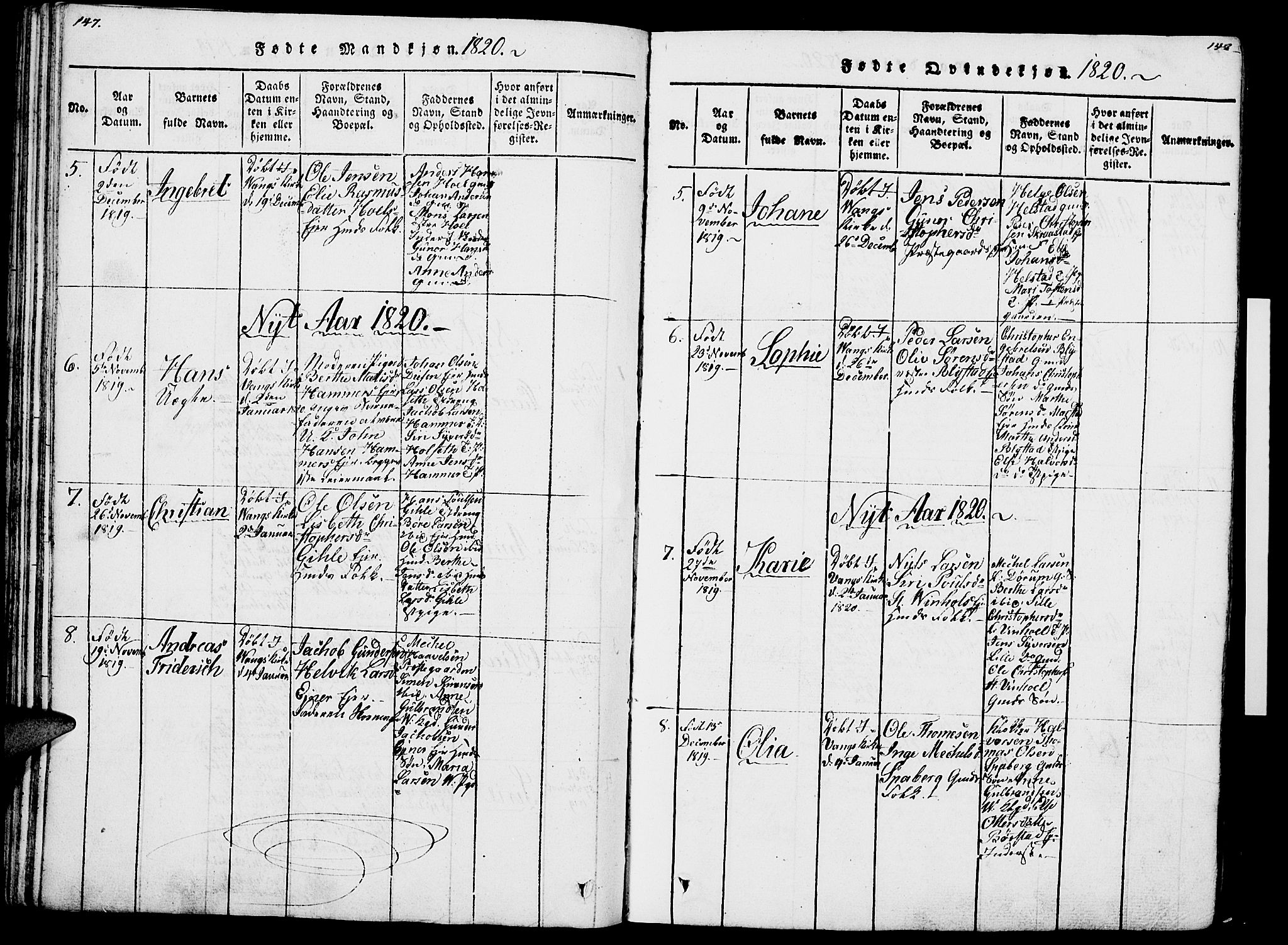 Vang prestekontor, Hedmark, AV/SAH-PREST-008/H/Ha/Haa/L0007: Parish register (official) no. 7, 1813-1826, p. 147-148