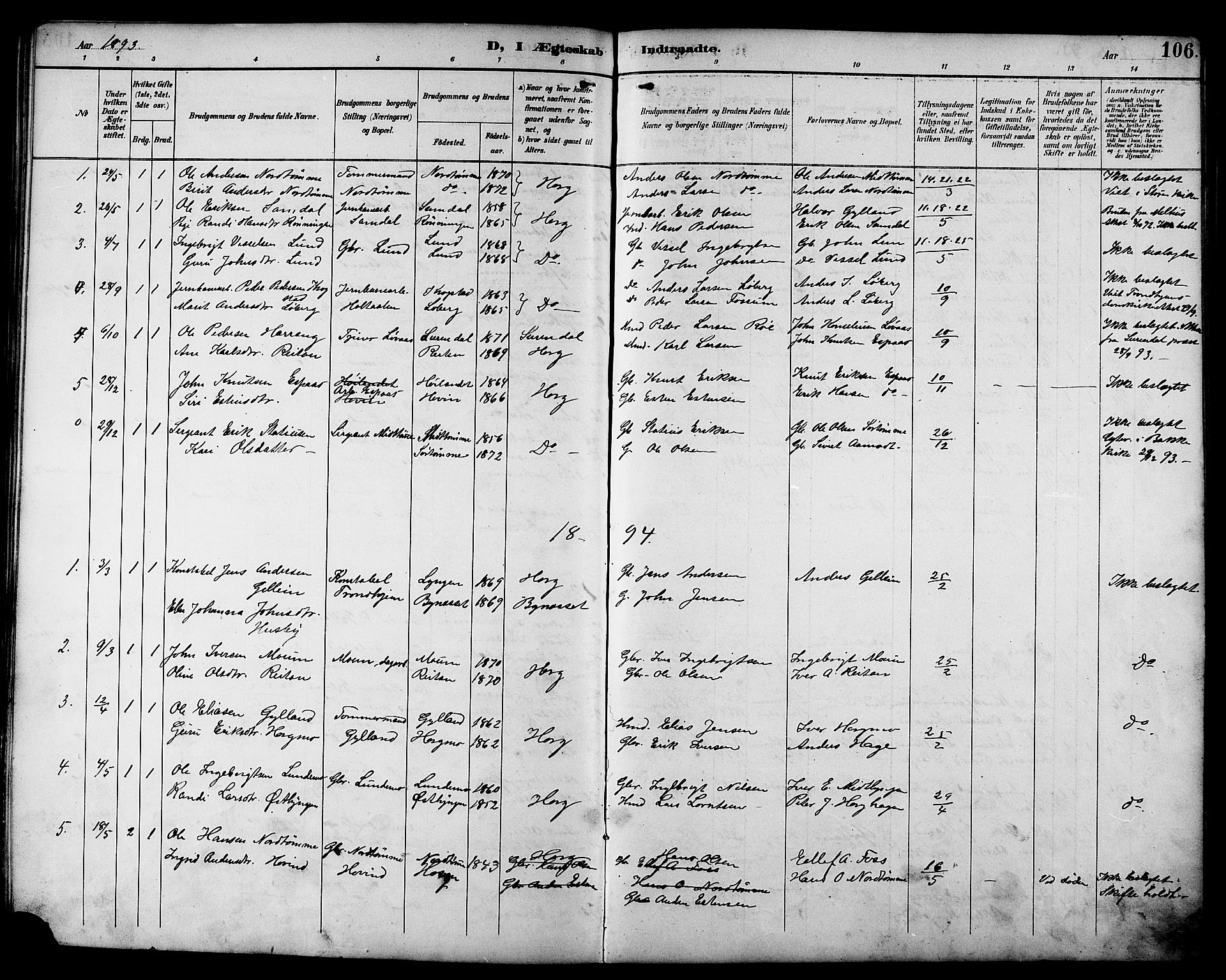 Ministerialprotokoller, klokkerbøker og fødselsregistre - Sør-Trøndelag, AV/SAT-A-1456/692/L1111: Parish register (copy) no. 692C06, 1890-1904, p. 106