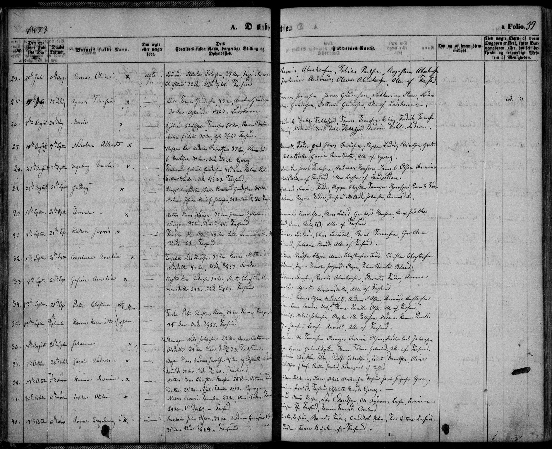 Farsund sokneprestkontor, AV/SAK-1111-0009/F/Fa/L0005: Parish register (official) no. A 5, 1863-1886, p. 39