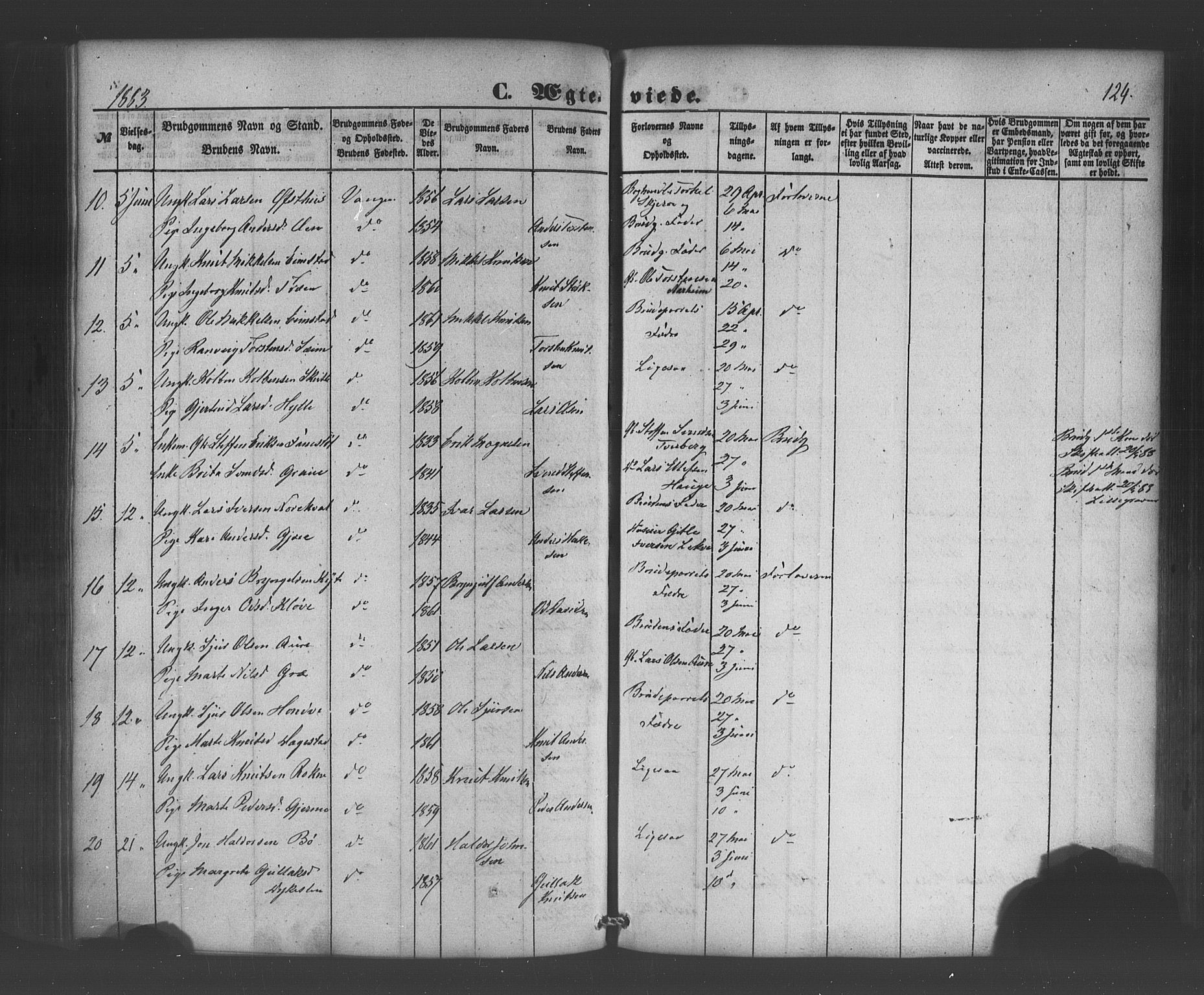 Voss sokneprestembete, AV/SAB-A-79001/H/Haa: Parish register (official) no. A 19, 1851-1886, p. 124