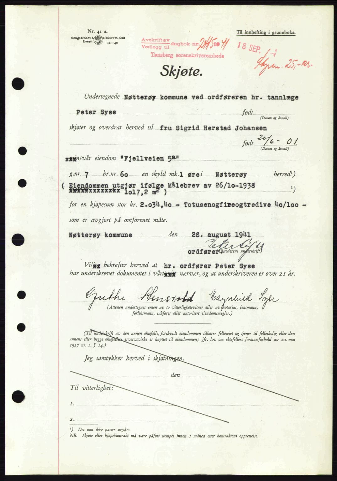 Tønsberg sorenskriveri, AV/SAKO-A-130/G/Ga/Gaa/L0010: Mortgage book no. A10, 1941-1941, Diary no: : 2415/1941