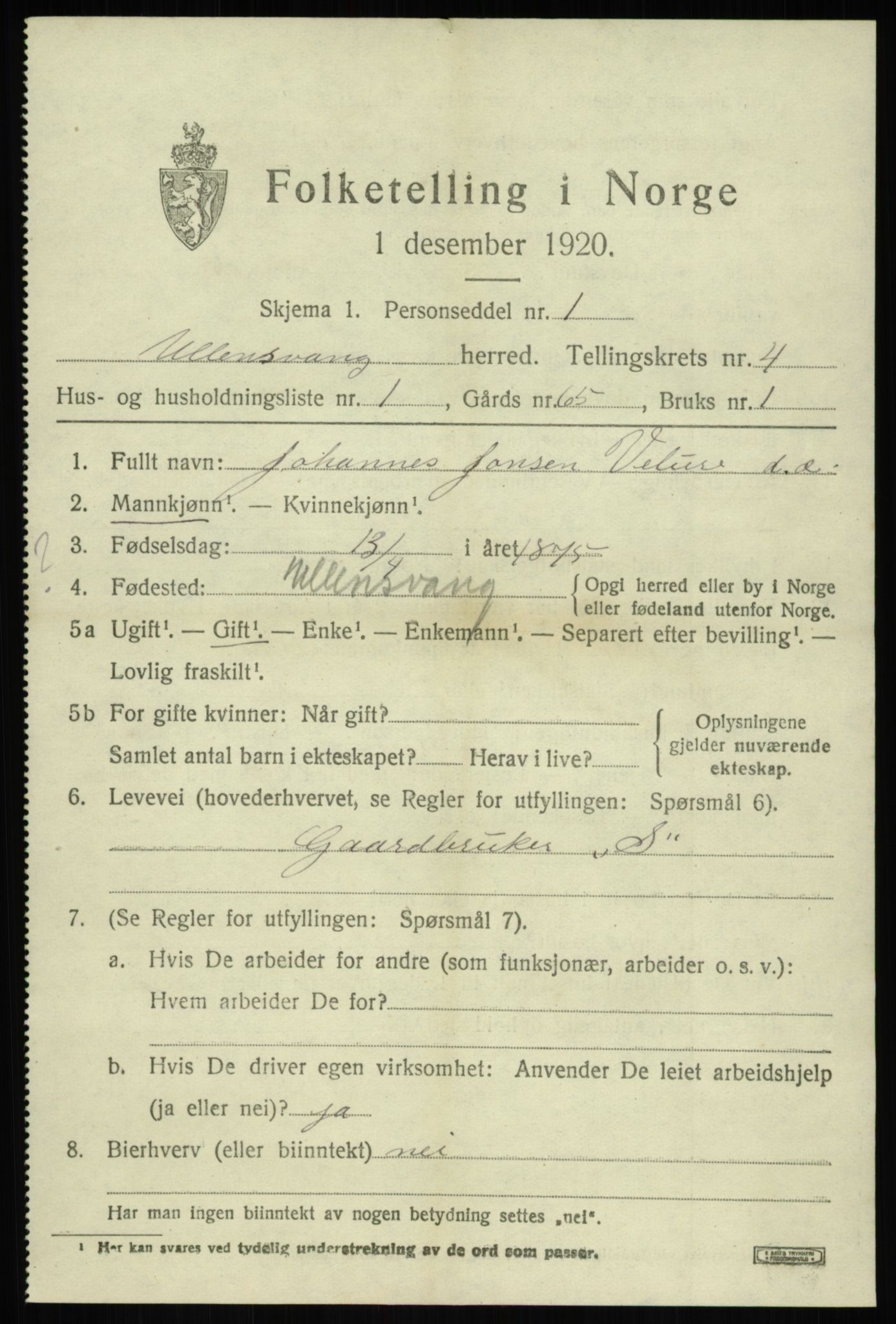 SAB, 1920 census for Ullensvang, 1920, p. 1998