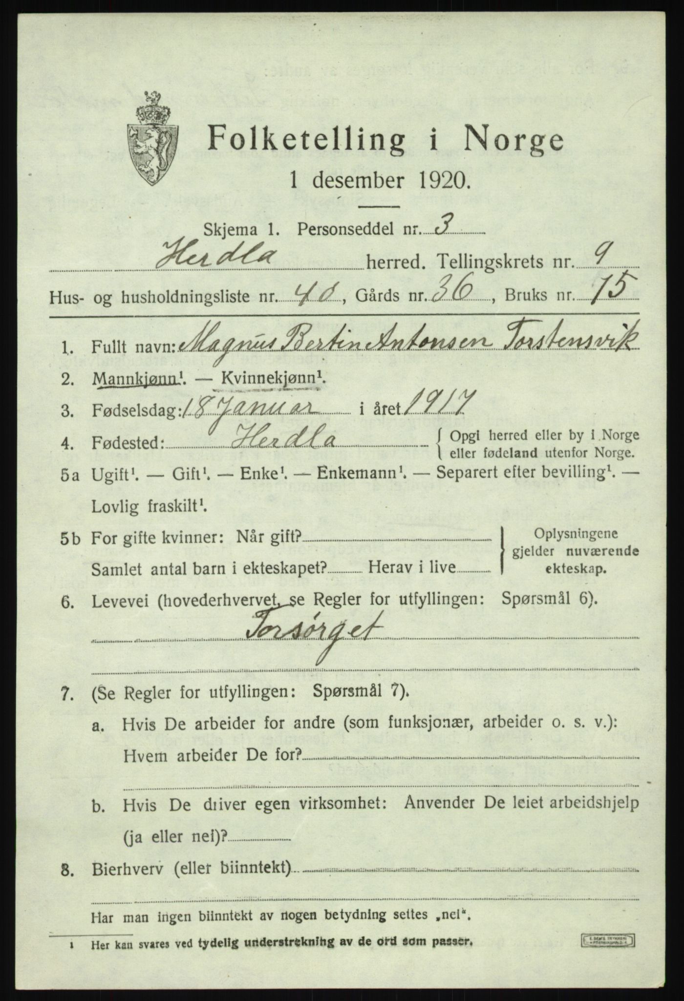 SAB, 1920 census for Herdla, 1920, p. 6849