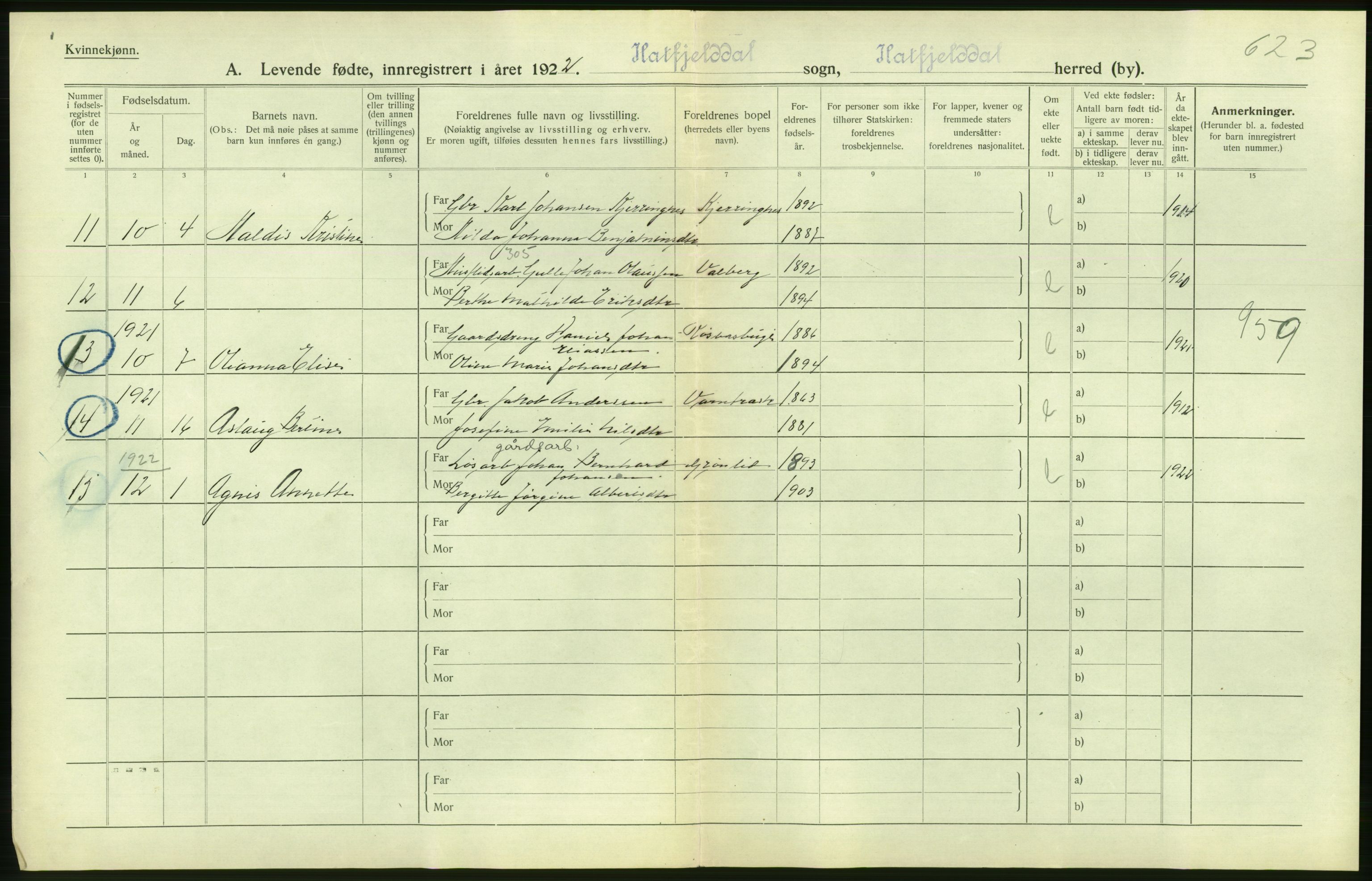 Statistisk sentralbyrå, Sosiodemografiske emner, Befolkning, AV/RA-S-2228/D/Df/Dfc/Dfcb/L0044: Nordland fylke: Levendefødte menn og kvinner. Bygder og byer., 1922, p. 378