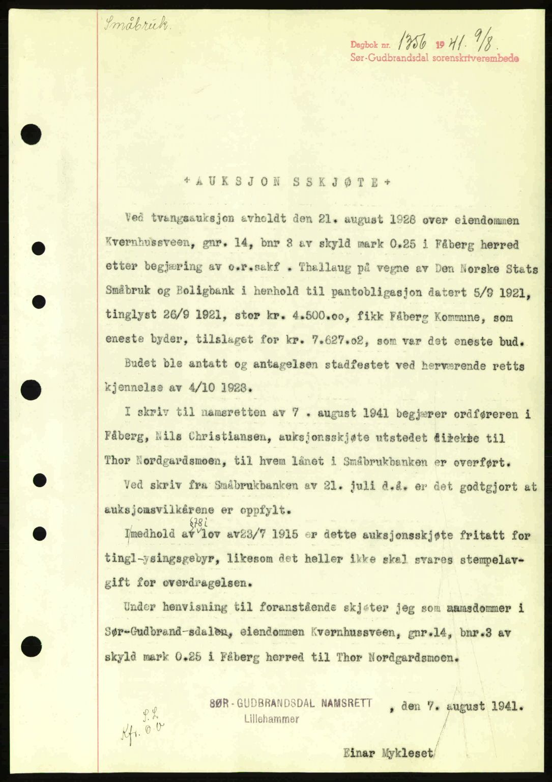 Sør-Gudbrandsdal tingrett, SAH/TING-004/H/Hb/Hbd/L0009: Mortgage book no. A9, 1941-1941, Diary no: : 1356/1941