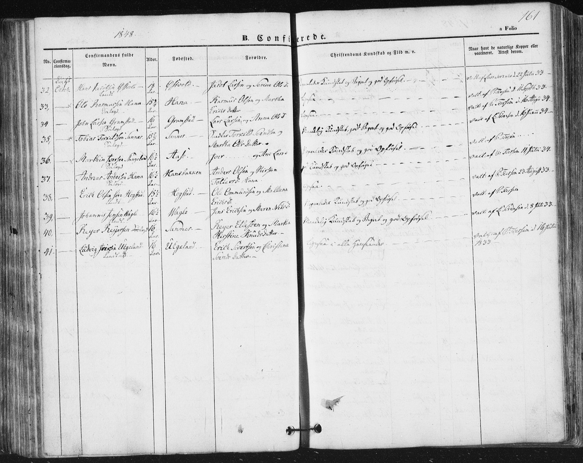 Høyland sokneprestkontor, AV/SAST-A-101799/001/30BA/L0008: Parish register (official) no. A 8, 1841-1856, p. 161