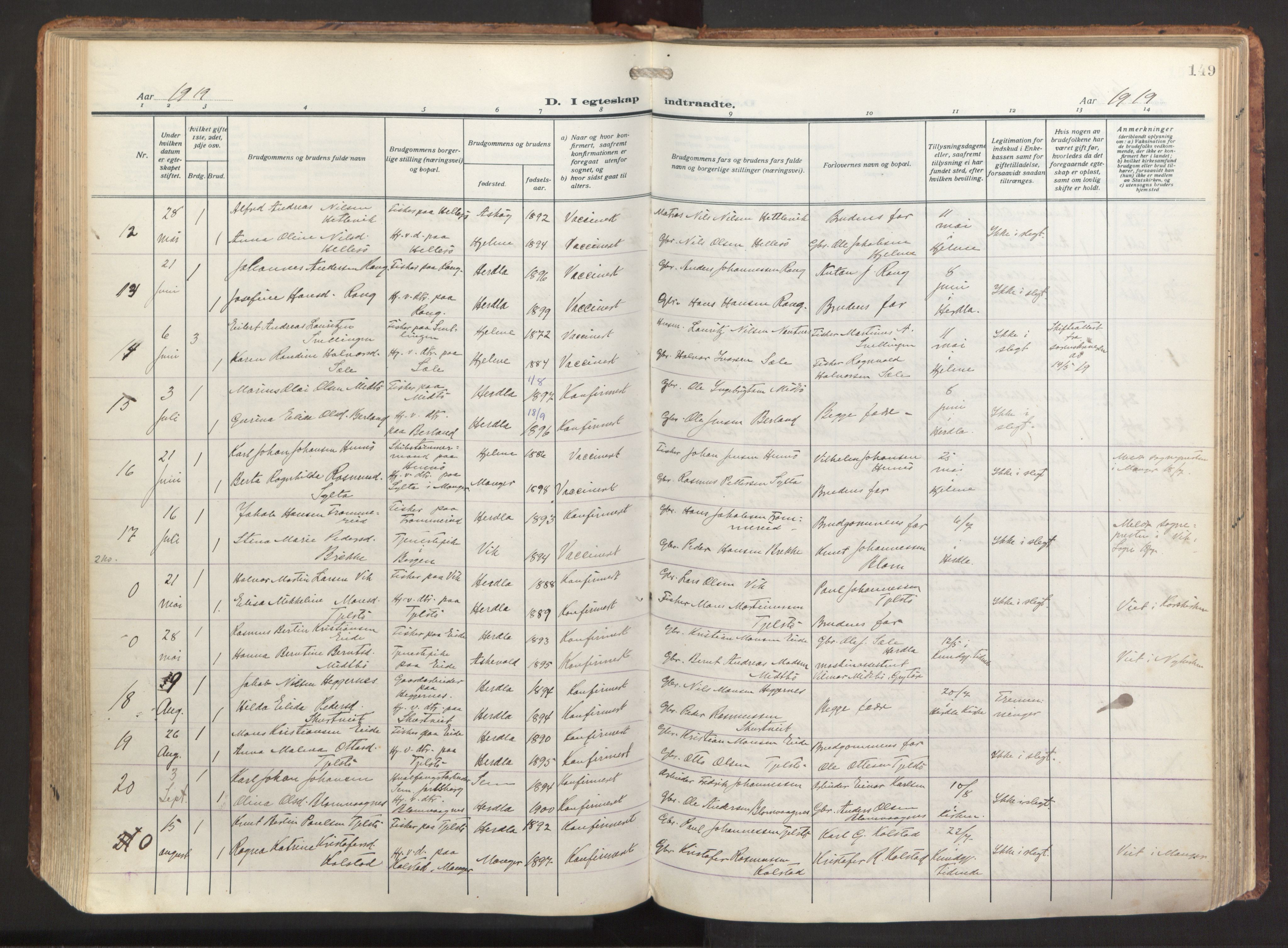 Herdla Sokneprestembete, SAB/A-75701/H/Haa: Parish register (official) no. A 6, 1918-1933, p. 149