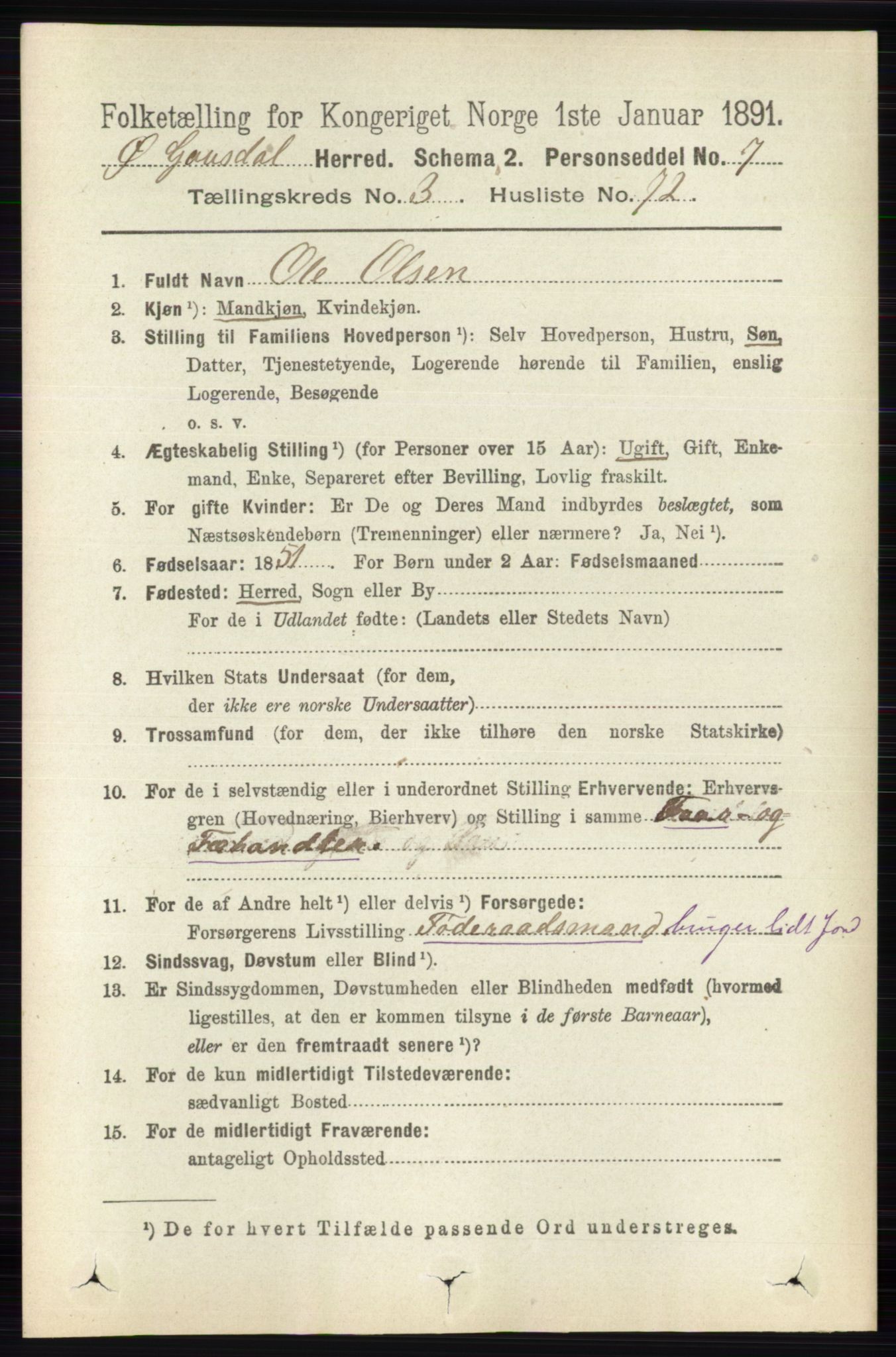 RA, 1891 census for 0522 Østre Gausdal, 1891, p. 2261