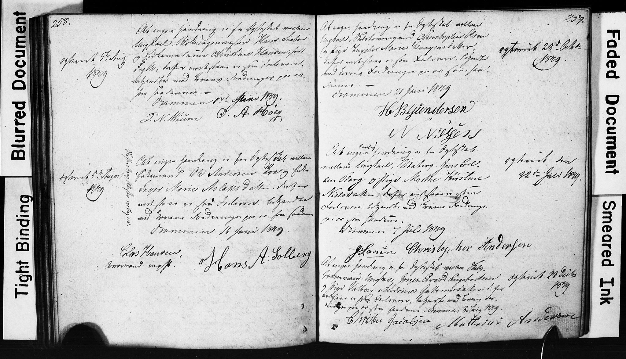 Strømsø kirkebøker, AV/SAKO-A-246/H/Hb/L0002: Best man's statements no. 2, 1815-1857, p. 258-259