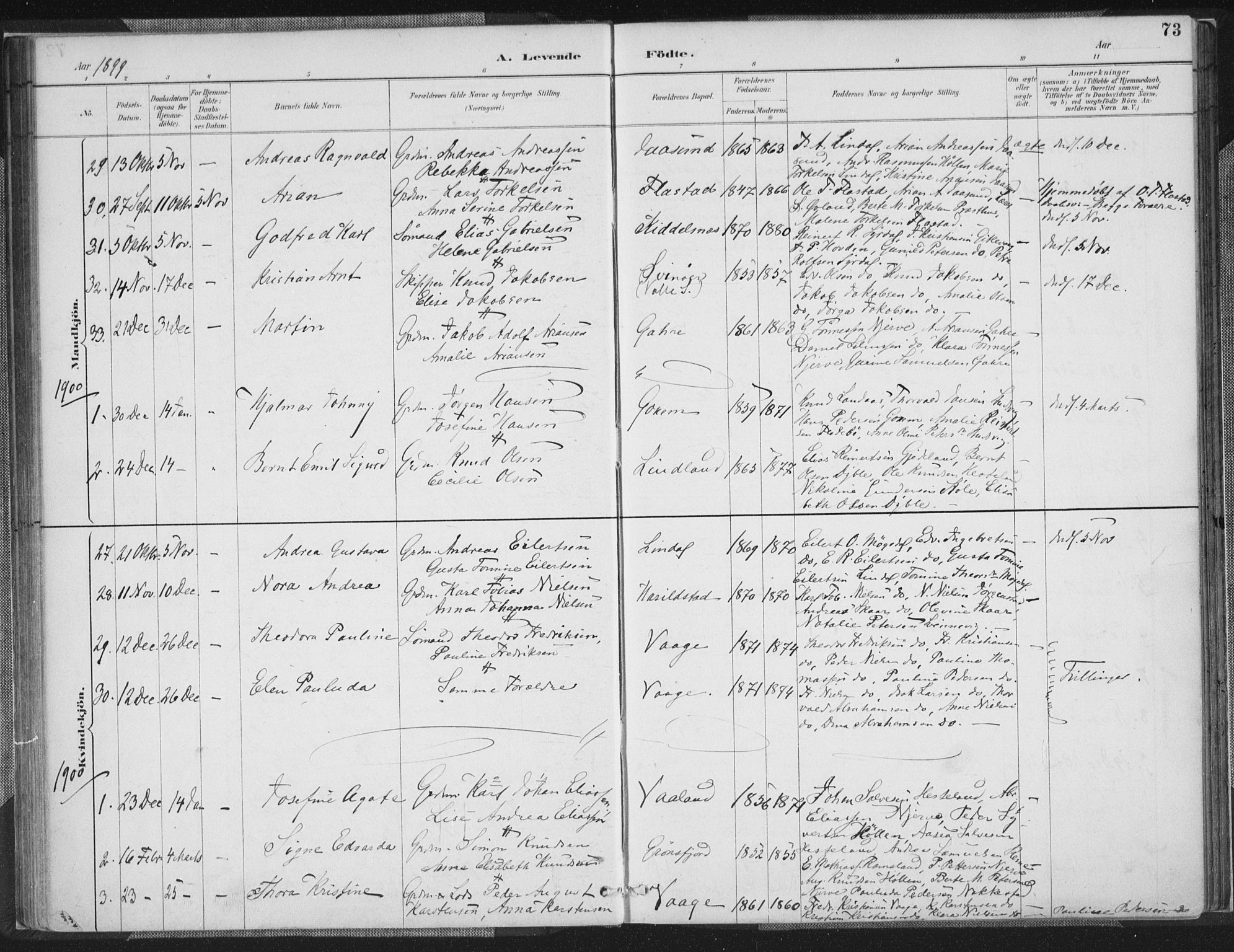 Sør-Audnedal sokneprestkontor, SAK/1111-0039/F/Fa/Faa/L0004: Parish register (official) no. A 4, 1884-1909, p. 73