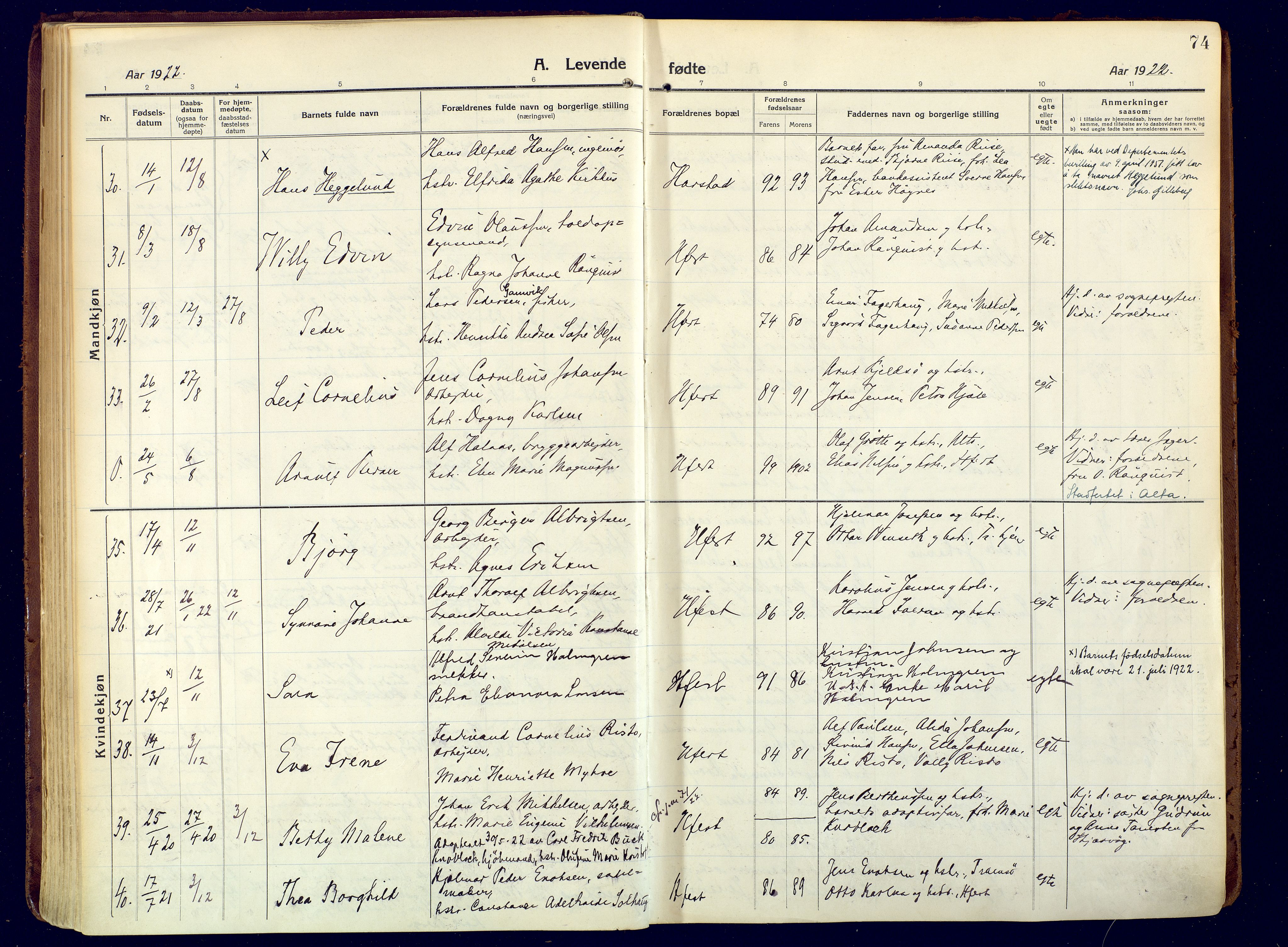 Hammerfest sokneprestkontor, SATØ/S-1347/H/Ha/L0015.kirke: Parish register (official) no. 15, 1916-1923, p. 74